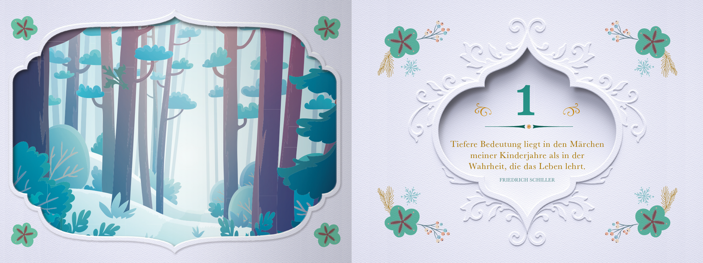 Gezeigt wird eine Innen- oder Zusatzansicht von „24 Zauberhafte Märchen zur Weihnachtszeit“. Auf der linken Seite sind stilisierte, farbenfrohe Bäume in sanften Blautönen abgebildet, umgeben von einer sanften Schneelandschaft. Die rechte Seite präsentiert eine dekorative Rahmung in Weiß mit Blumenmotiven. Die Seitenzahl „1“ ist in einer eleganten, goldenen Schrift hervorgehoben, darunter steht in schlichter Schrift: „Tiefe Bedeutung liegt in den Märchen unserer Kindheit“.