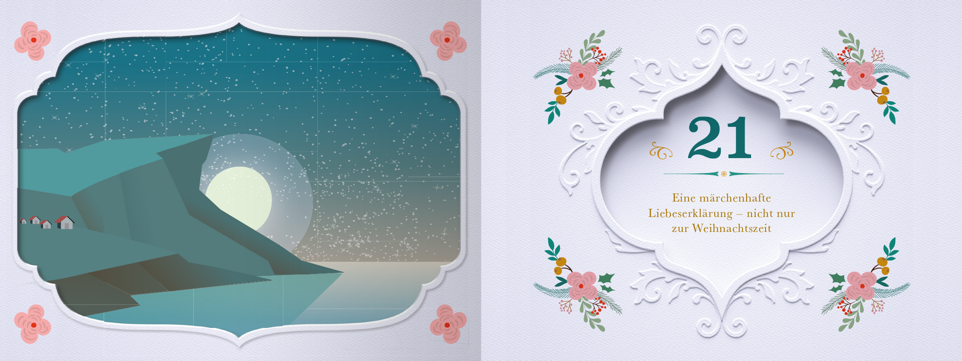 Gezeigt wird eine Innen- oder Zusatzansicht von „24 Zauberhafte Märchen zur Weihnachtszeit“. Auf der linken Seite ist eine stilisierte Landschaft mit einer nächtlichen Kulisse und einer großen, leuchtenden Mondscheibe. Die Farben sind in sanften Blau- und Grüntönen gehalten. Die rechte Seite zeigt die Zahl „21“ in einer eleganten, goldenen Schrift, umrahmt von floralen Ornamenten in Pastellfarben. Der Hintergrund ist schlicht und unterstützt die Lesbarkeit des Textes.