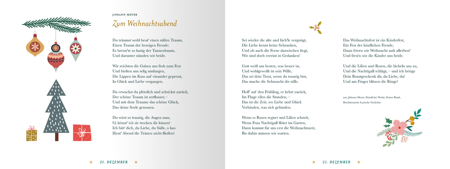 Gezeigt wird eine Innen- oder Zusatzansicht von „24 Zauberhafte Märchen zur Weihnachtszeit“. Die Doppelseite ist reichlich illustriert mit farbenfrohen Dekorationen, darunter ein Weihnachtsbaum, Geschenke und lebendige Weihnachtsornamente. Die Typografie ist handschriftlich und warm, mit dem Titel „Zum Weihnachtsabend“ in einer einladenden Schriftart. Helle Farben, wie Rot, Grün und Gold, verleihen der Seite eine festliche Atmosphäre, die zur Weihnachtszeit einlädt.