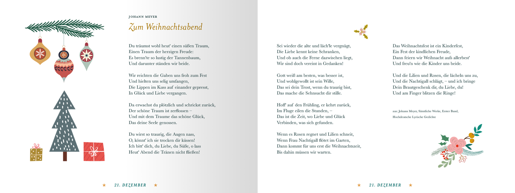 Gezeigt wird eine Innen- oder Zusatzansicht von „24 Zauberhafte Märchen zur Weihnachtszeit“. Die Doppelseite ist reichlich illustriert mit farbenfrohen Dekorationen, darunter ein Weihnachtsbaum, Geschenke und lebendige Weihnachtsornamente. Die Typografie ist handschriftlich und warm, mit dem Titel „Zum Weihnachtsabend“ in einer einladenden Schriftart. Helle Farben, wie Rot, Grün und Gold, verleihen der Seite eine festliche Atmosphäre, die zur Weihnachtszeit einlädt.