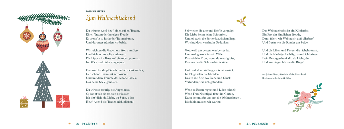 Gezeigt wird eine Innen- oder Zusatzansicht von „24 Zauberhafte Märchen zur Weihnachtszeit“. Die Doppelseite ist reichlich illustriert mit farbenfrohen Dekorationen, darunter ein Weihnachtsbaum, Geschenke und lebendige Weihnachtsornamente. Die Typografie ist handschriftlich und warm, mit dem Titel „Zum Weihnachtsabend“ in einer einladenden Schriftart. Helle Farben, wie Rot, Grün und Gold, verleihen der Seite eine festliche Atmosphäre, die zur Weihnachtszeit einlädt.