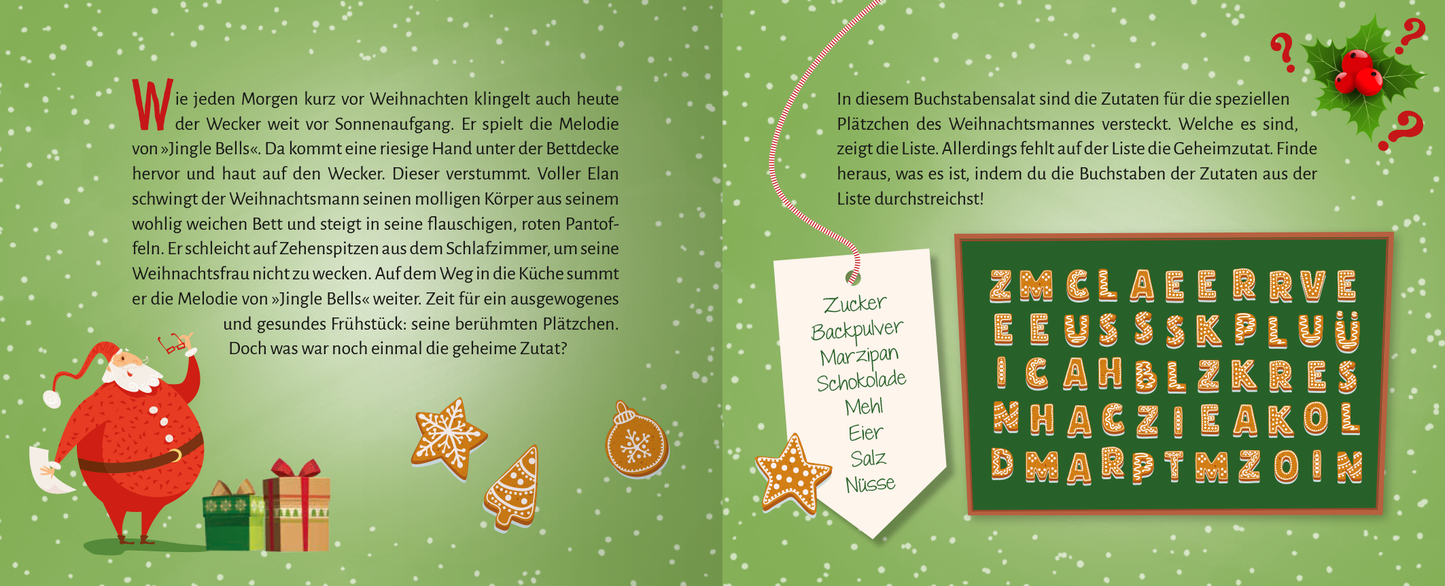 Gezeigt wird eine Innen- oder Zusatzansicht von „Escape Room Adventskalender. Weihnachtliche Schnitzeljagd“. Die Seite zeigt eine festliche, grüne Hintergrundfarbe mit weißen Schneeflocken. Links ist ein fröhlicher Weihnachtsmann mit Geschenken und Lebkuchen zu sehen. Rechts befindet sich eine weiße, hängende Zettelansicht mit der Auflistung von Begriffen, die durch Buchstabensalat sortiert sind. Die Typografie ist bunt und spielerisch gestaltet, was die weihnachtliche Stimmung...