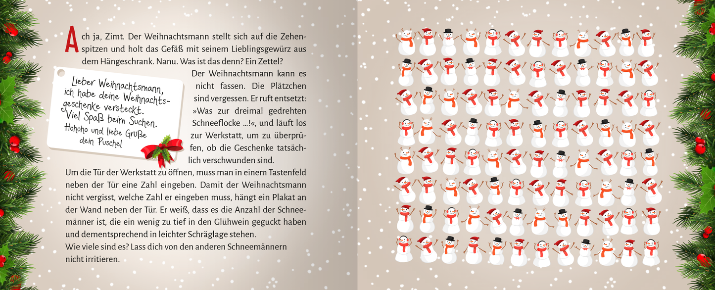 Gezeigt wird eine Innen- oder Zusatzansicht von „Escape Room Adventskalender. Weihnachtliche Schnitzeljagd“. Die Seite zeigt einen winterlichen Hintergrund in sanften Beige- und Grautönen, geschmückt mit weißen Schneeflocken und Tannenzweigen. Links befindet sich eine handschriftliche Nachricht des Weihnachtsmanns in roter Schrift auf einem weißen Stück Papier. Rechts sind zahlreiche kleine, cartoonhafte Schneemänner mit roten Schals abgebildet, die auf leicht gewellten weißen...