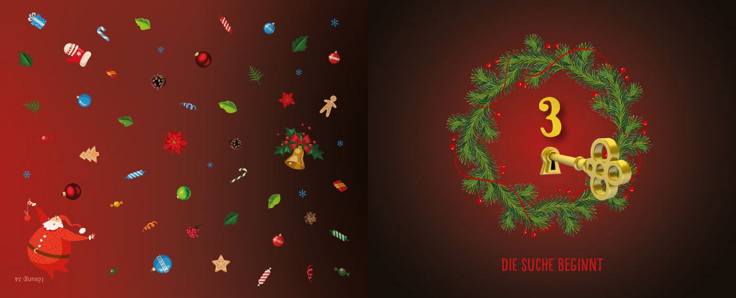 Gezeigt wird eine Innen- oder Zusatzansicht von „Escape Room Adventskalender. Weihnachtliche Schnitzeljagd“. Der linke Bereich zeigt eine Sammlung bunter Weihnachtsmotive wie Geschenke, Sterne und Lebkuchen in lebhaften Farben auf rotem Hintergrund. Der rechte Bereich präsentiert einen grünen Kranz mit einer goldenen Schlüsselillustration und der Aufschrift „DIE SUCHE BEGINNT“ in auffälligen, rotem Schriftzug. Die Gestaltung vermittelt eine festliche und abenteuerliche Stimmung.