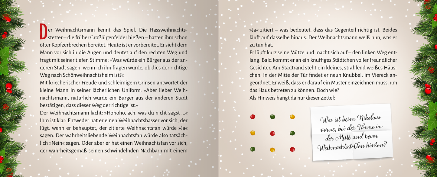 Gezeigt wird eine Innen- oder Zusatzansicht von „Escape Room Adventskalender. Weihnachtliche Schnitzeljagd“. Die Doppelseite ist in sanften, winterlichen Farben gehalten, verziert mit Schneeflocken auf einem hellbeigen Hintergrund. Links befindet sich ein optisch ansprechender Textblock mit einer festlichen Schriftart, die den Leser in die weihnachtliche Handlung einführt. Rechts sind farbige Akzente in Form von Weihnachtskugeln und einem Informationsfeld in elegantem Weiß platziert, das...