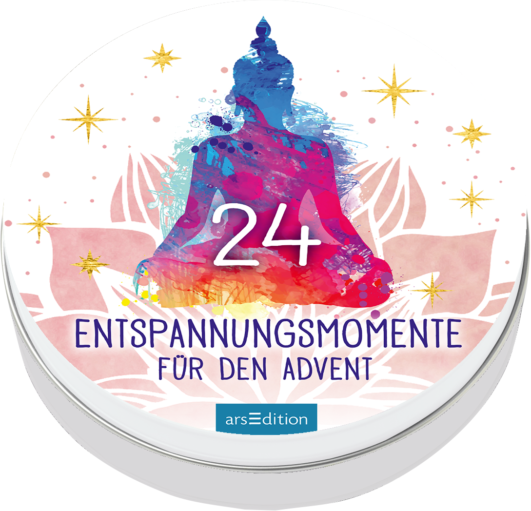 Das Buchcover zeigt eine farbenfrohe Darstellung eines Buddha in meditativer Haltung, umgeben von sanften Tönen in Blau, Rosa und Gelb. Der Titel „ENTSPANNUNGS MOMENTE FÜR DEN ADVENT“ ist in kräftigen, blauen Buchstaben gut lesbar platziert. Darüber steht die Zahl „24“ als zentrales Element. Funkelnde Sterne verstärken die festliche Stimmung und ziehen die Blicke auf sich. Ganz unten mittig steht der Logoschriftzug von arsEdition.