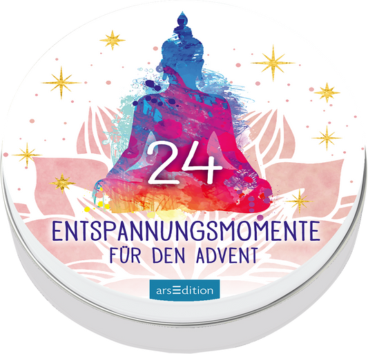 Das Buchcover zeigt eine farbenfrohe Darstellung eines Buddha in meditativer Haltung, umgeben von sanften Tönen in Blau, Rosa und Gelb. Der Titel „ENTSPANNUNGS MOMENTE FÜR DEN ADVENT“ ist in kräftigen, blauen Buchstaben gut lesbar platziert. Darüber steht die Zahl „24“ als zentrales Element. Funkelnde Sterne verstärken die festliche Stimmung und ziehen die Blicke auf sich. Ganz unten mittig steht der Logoschriftzug von arsEdition.
