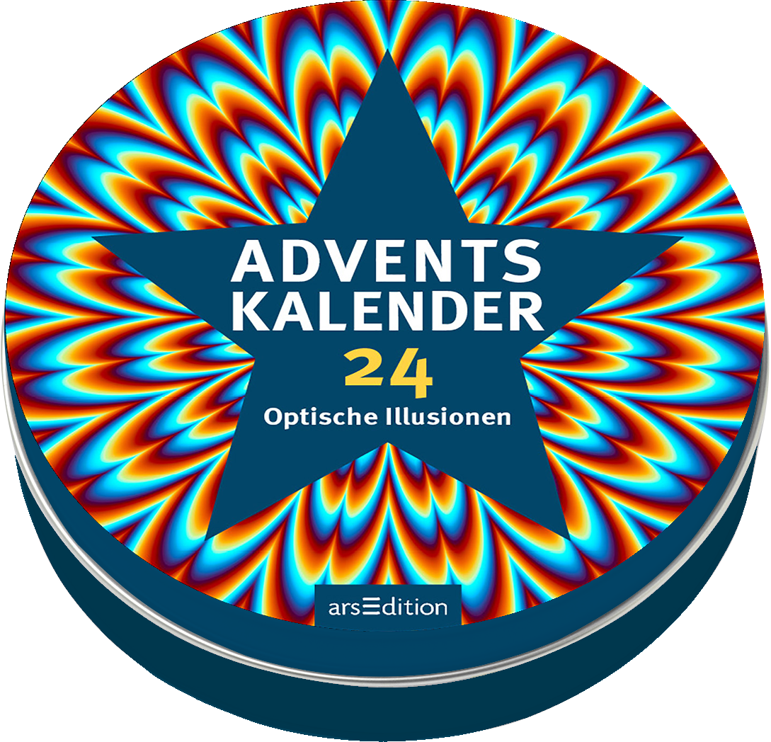 Das Buchcover zeigt einen bunten Adventskalender mit dem Titel „ADVENTSKALENDER“ in großen, weißen Buchstaben, die auf einem blauen Stern platziert sind. Darunter steht in goldfarbenen Ziffern „24“ und „Optische Illusionen“ in ähnlicher Schrift. Der Hintergrund ist ein hypnotisierendes Muster aus Rot- und Blautönen, das eine dynamische und faszinierende Atmosphäre erzeugt. Ganz unten mittig steht der Logoschriftzug von arsEdition.