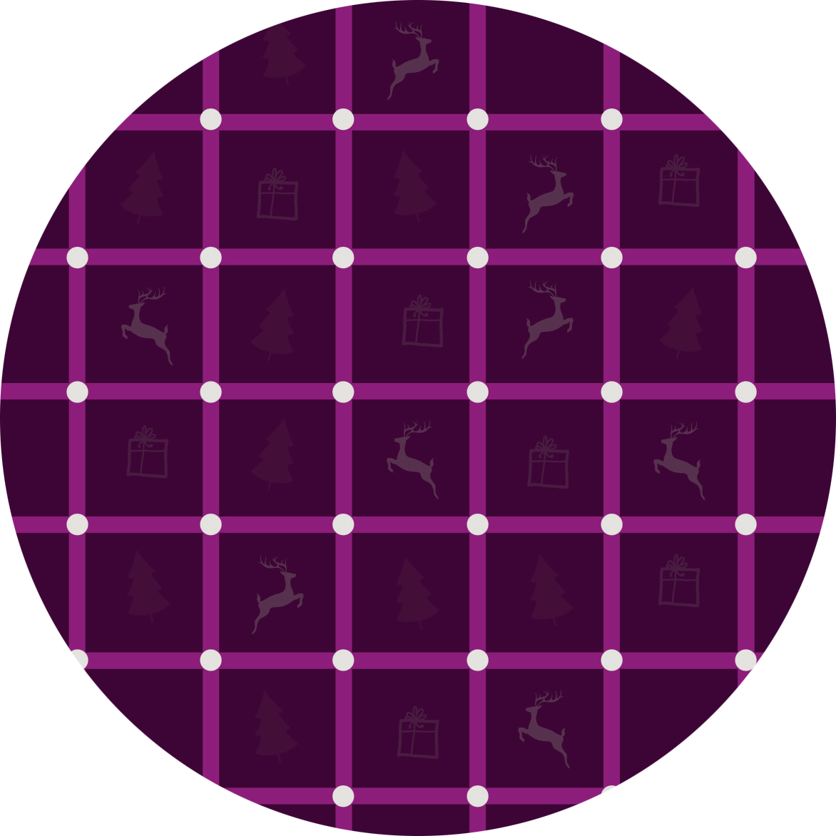 Gezeigt wird eine Innen- oder Zusatzansicht von „Adventskalender in der Dose. 24 optische Illusionen“. Der Hintergrund ist in einem tiefen Violettton gehalten, über dem ein Muster aus hellen quadratischen Kästchen angeordnet ist. In jedem Kästchen sind zarte Grafiken von Rentieren, Tannenbäumen und Geschenken in einem schlichten, hellen Farbton angedeutet. Die Kästchen werden durch zarte, pinkfarbene Linien getrennt, die das Gesamtbild festlich und ansprechend gestalten.