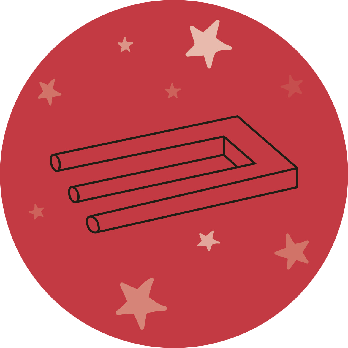 Gezeigt wird eine Innen- oder Zusatzansicht von „Adventskalender in der Dose. 24 optische Illusionen“. Der Hintergrund in kräftigem Rot ist mit verschiedenen kleinen, zarten Sternen in helleren Tönen geschmückt. Im Vordergrund befindet sich eine stilisierte optische Illusion, die in schwarzer Linienführung gestaltet ist. Die Einfachheit der Form wird durch die kontrastierenden Farben betont, was die Aufmerksamkeit auf das Hauptmotiv lenkt. Die Gesamtgestaltung vermittelt eine festliche...