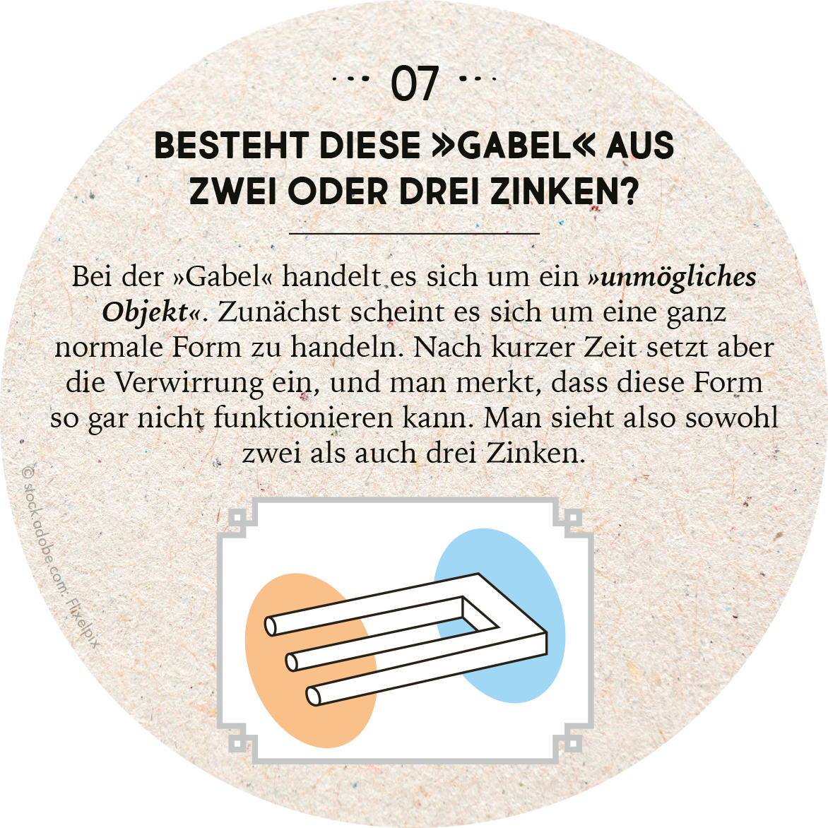 Gezeigt wird eine Innen- oder Zusatzansicht von „Adventskalender in der Dose. 24 optische Illusionen“. Die Abbildung zeigt eine runde, pastellfarbene Unterlage mit einem Textfeld in der Mitte, das die Frage „Bestimmt diese ‚Gabel‘ aus zwei oder drei Zinken?“ stellt. Der Text ist in einer klaren, modernen Schriftart gehalten. Unter dem Text befinden sich zwei ovale Farben, die orange und blau sind, umringt von einer einfachen grafischen Darstellung einer „Gabel“, die visuelle...