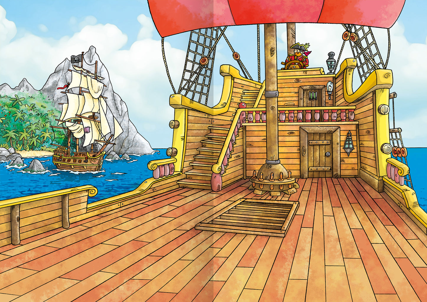 Gezeigt wird eine Innen- oder Zusatzansicht von „WOW! Das Metallic-Stickerbuch – Piraten“. Die Illustration zeigt das Innere eines Piratenschiffes mit hellem Holzfußboden und bunten Wandverzierungen. Stufen führen zu einer erhöhten Plattform, auf der ein Pirat in traditioneller Kleidung steht. Im Hintergrund ist ein weiteres Schiff und tropische Landschaftselemente dargestellt. Die Farben sind lebhaft und erinnern an ein Abenteuer in der Karibik, während die Zeichnung in einem...