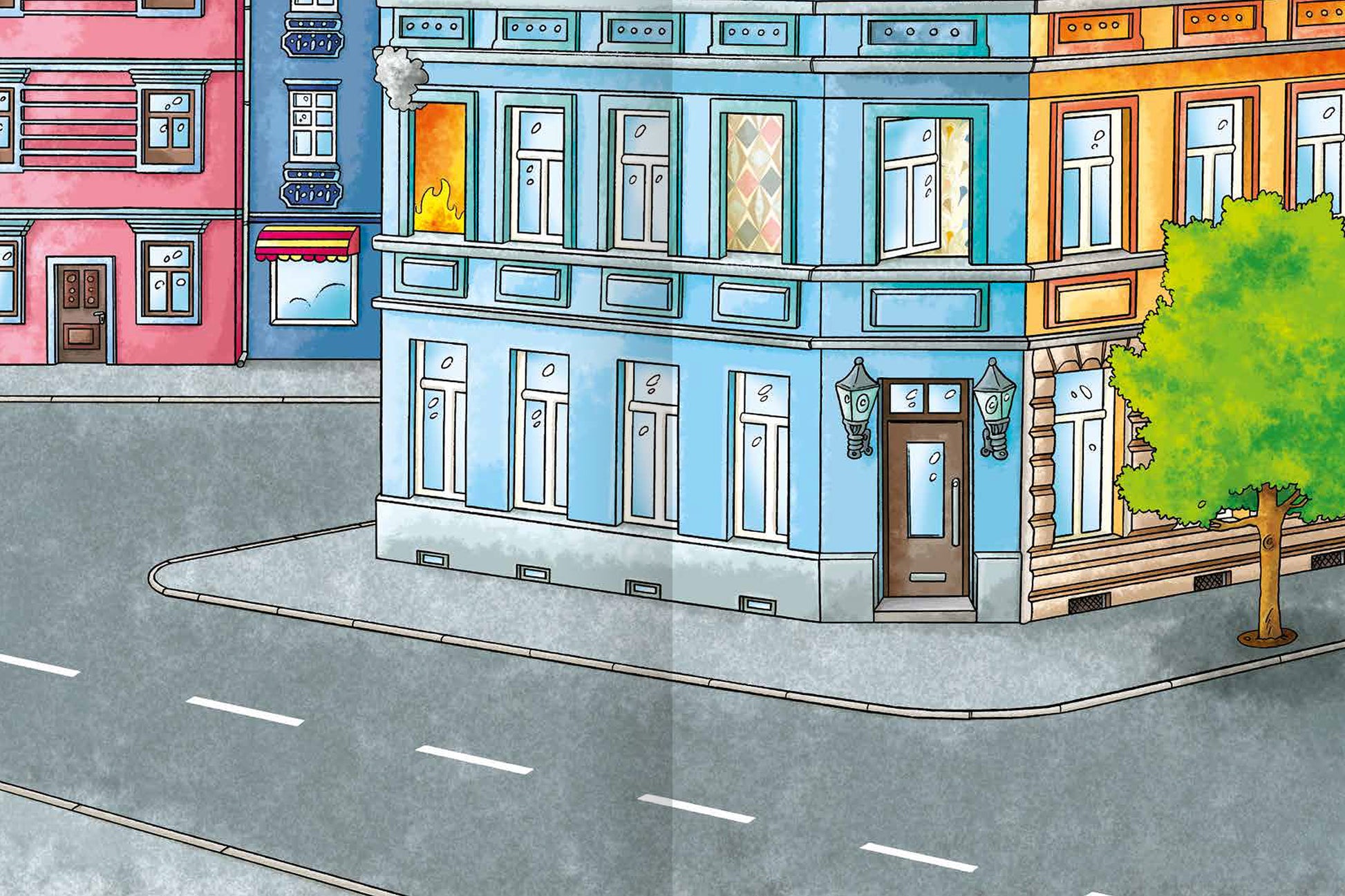 Gezeigt wird eine Innen- oder Zusatzansicht von „Erstes Stickern – Feuerwehr und Polizei im Einsatz“. Die Illustration zeigt eine bunte Straßenszene mit einem blauen Gebäude und bunten Fenstern sowie einem grünen Baum. Die Architektur ist detailreich, mit hervorgehobenen Fenstergittern und einer Straßenlaterne. Der Hintergrund zeigt weitere Gebäude in verschiedenen Farben, während der Straßenbelag grau und schlicht gehalten ist. Die gesamte Farbpalette ist lebhaft und...