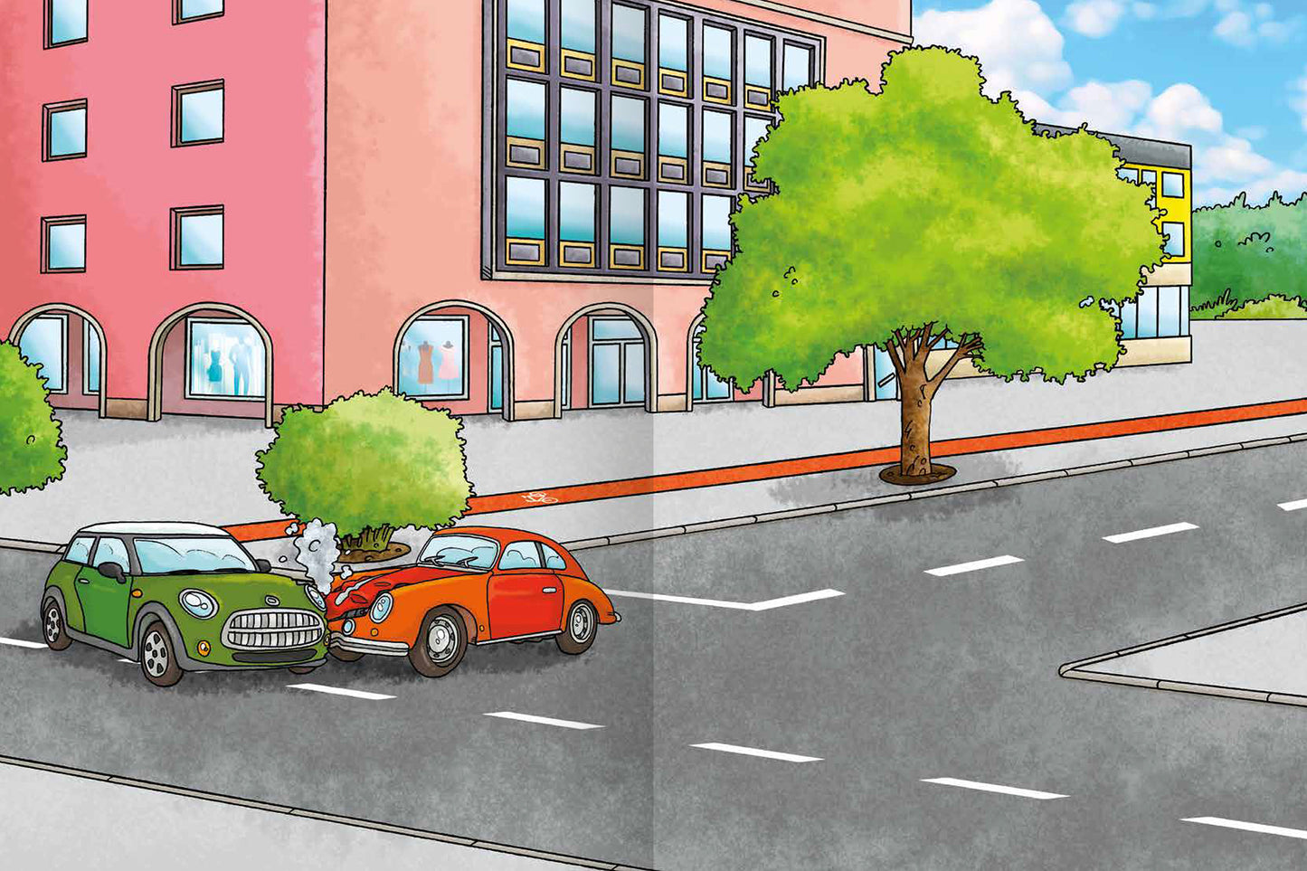 Gezeigt wird eine Innen- oder Zusatzansicht von „Erstes Stickern – Feuerwehr und Polizei im Einsatz“. Die Illustration zeigt eine belebte Straßenszene mit einem grünen und einem roten Auto, die an einem Unfall beteiligt sind. Im Hintergrund ist ein pinkes Gebäude mit großen Fenstern und eine üppige, grüne Baumkrone zu sehen. Der Himmel ist blau mit einigen Wolken. Die bunten Farben und die klare, verspielte Typografie verleihen der Szene eine freundliche, kinderfreundliche...