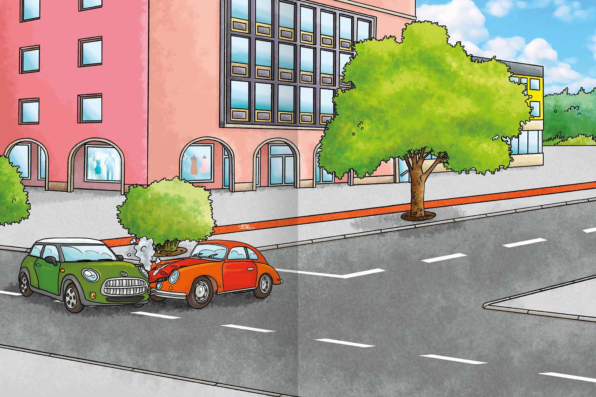 Gezeigt wird eine Innen- oder Zusatzansicht von „Erstes Stickern – Feuerwehr und Polizei im Einsatz“. Die Illustration zeigt eine belebte Straßenszene mit einem grünen und einem roten Auto, die an einem Unfall beteiligt sind. Im Hintergrund ist ein pinkes Gebäude mit großen Fenstern und eine üppige, grüne Baumkrone zu sehen. Der Himmel ist blau mit einigen Wolken. Die bunten Farben und die klare, verspielte Typografie verleihen der Szene eine freundliche, kinderfreundliche...