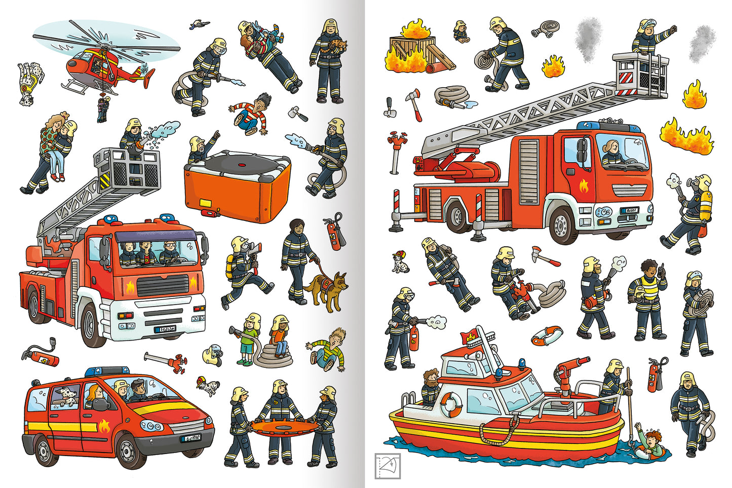 Gezeigt wird eine Innen- oder Zusatzansicht von „Erstes Stickern – Feuerwehr und Polizei im Einsatz“. Die Illustration zeigt eine lebendige Sammlung von Feuerwehr- und Polizeimotiven, darunter ein Feuerwehrauto, einen Rettungshubschrauber und verschiedene Einsatzkräfte in Aktion. Die zentrale Farbgestaltung umfasst kräftige Rottöne, helle Blautöne und gelbliche Akzente, die das Geschehen dynamisch hervorheben. Die Typografie ist freundlich und kindgerecht, unterstützt von klaren,...