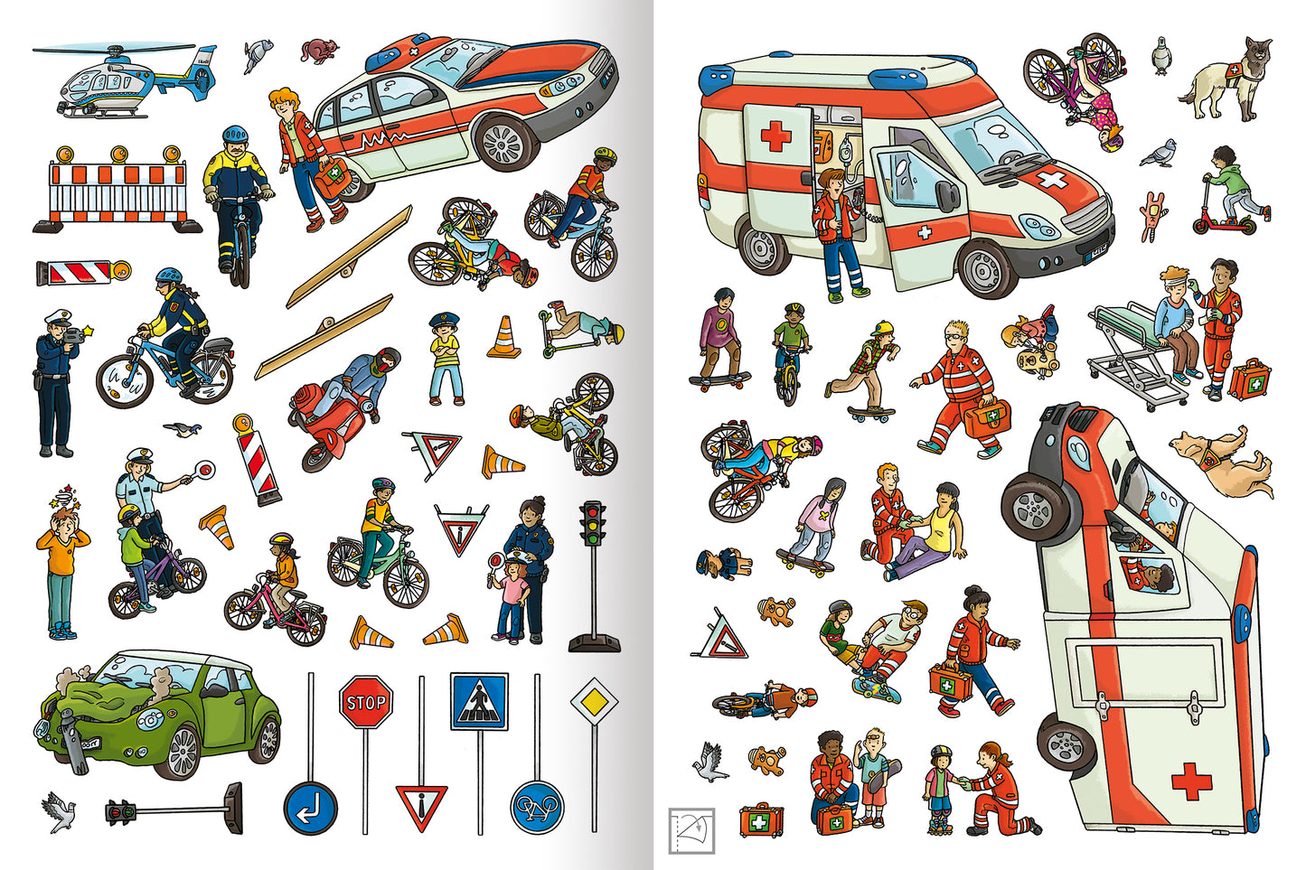 Gezeigt wird eine Innen- oder Zusatzansicht von „Erstes Stickern – Feuerwehr und Polizei im Einsatz“. Die Seite zeigt lebendige Illustrationen von Einsatzfahrzeugen wie einem Polizei- und einem Krankenwagen sowie verschiedene Szenen mit Einsatzkräften und Kindern. Farblich dominieren Rot, Blau und Gelb. Die Typografie ist kindgerecht, klar und gut lesbar, um die verschiedenen Aufkleber und deren Anwendungsbereich zu verdeutlichen.