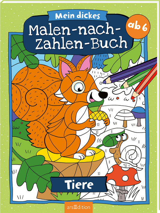 Das Cover zeigt ein buntes, verspieltes Design mit einem orangefarbenen Fuchs, der in einer Zeichnung sitzt. Er ist von Naturmotiven umgeben, darunter ein großer Pilz und eine Schnecke. Über dem Fuchs steht in blauer Schrift „Mein dickes Malen-nach-Zahlen-Buch“ und darunter in kleinerer Schrift „Tiere“. Mehrere kunterbunte Buntstifte sind seitlich angeordnet. Oben rechts befindet sich ein Kreissymbol mit der Aufschrift „ab 6“. Ganz unten mittig steht der Logoschriftzug von...