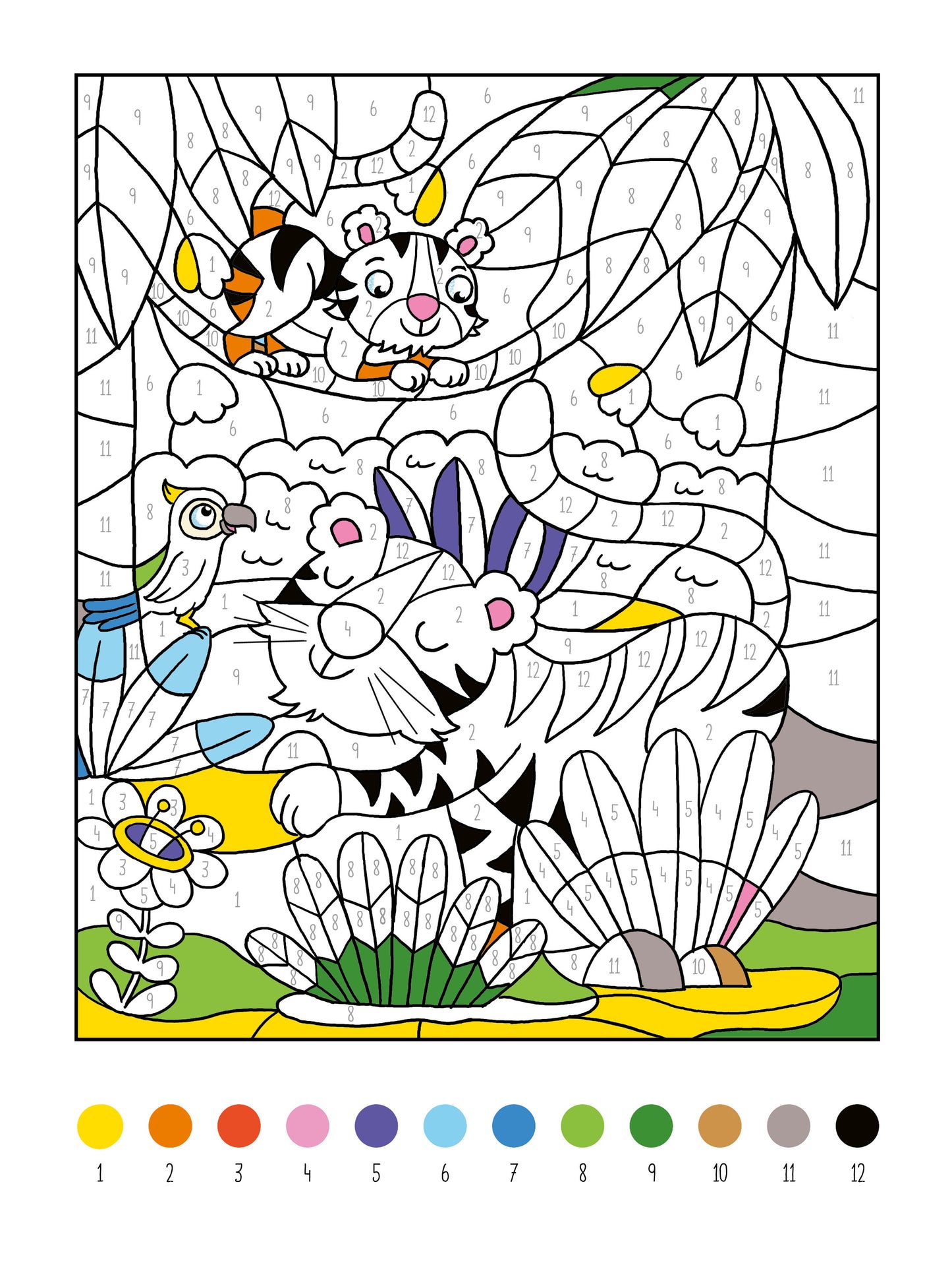 Gezeigt wird eine Innen- oder Zusatzansicht von „Mein dickes Malen-nach-Zahlen-Buch – Tiere“. Die Illustration zeigt einen Tiger und ein kleineres Tier in einer üppigen, farbenfrohen grünen Umgebung. Die Linien sind klar und dick, während die nummerierten Felder die Malbereiche angeben. Die Farben reichen von kräftigem Blau, Gelb und Grün bis zu weicheren Pink- und Grautönen. Am unteren Bildrand sind die entsprechenden Farbcodes angeordnet.