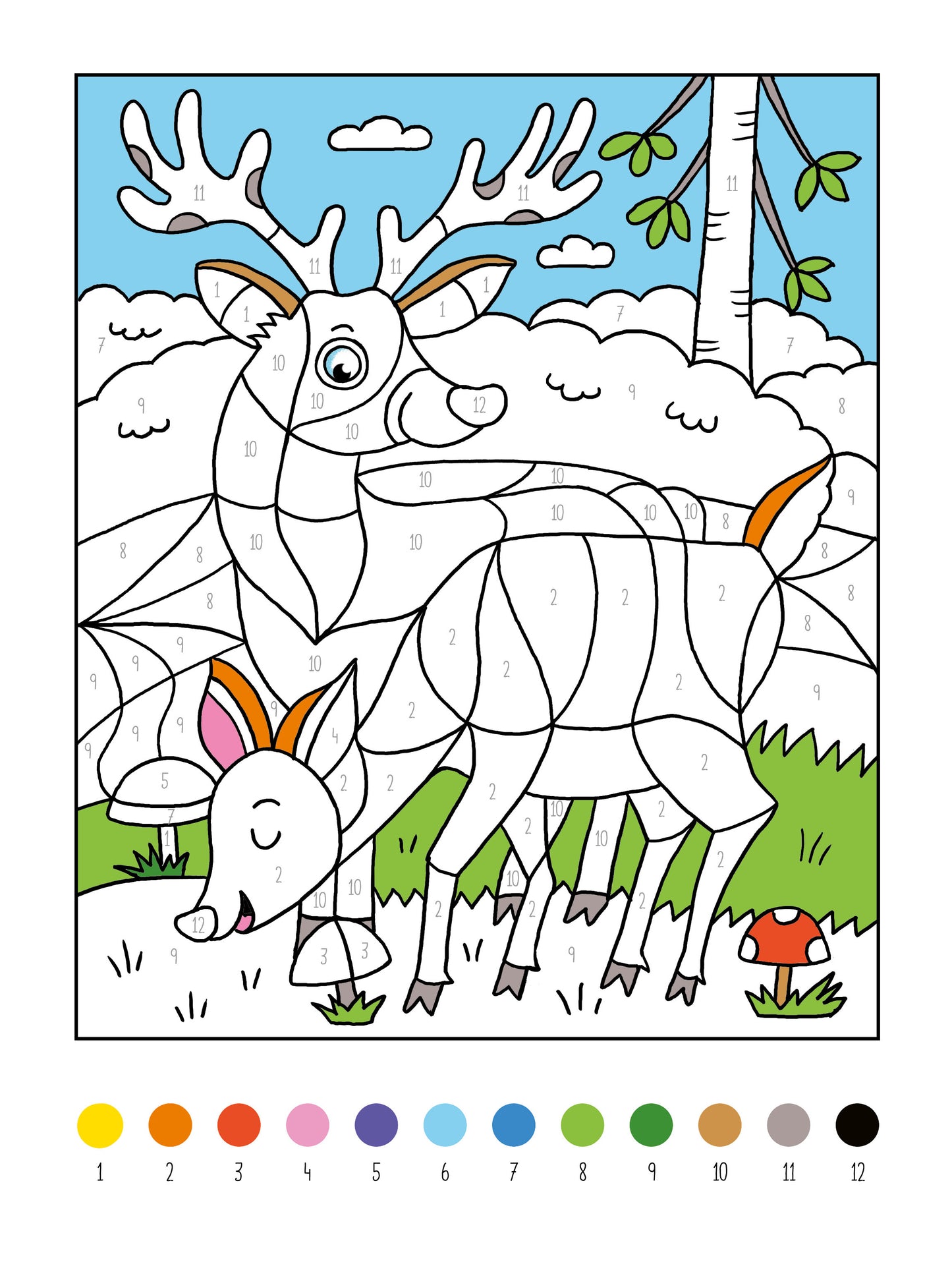 Gezeigt wird eine Innen- oder Zusatzansicht von „Mein dickes Malen-nach-Zahlen-Buch – Tiere“. Die Illustration zeigt einen rehbockähnlichen Hirsch und ein niedliches Rehkitz in einer bunten Landschaft. Der Hintergrund ist hellblau mit weißen Wolken, während Grüne Wiesen und ein roter Fliegenpilz im Vordergrund zu sehen sind. Die Motive sind in Schwarz-Weiß umreißt und nummeriert, um eine einfache Farbzuordnung zu ermöglichen. Die Zahlen sind klar und gut lesbar dargestellt.