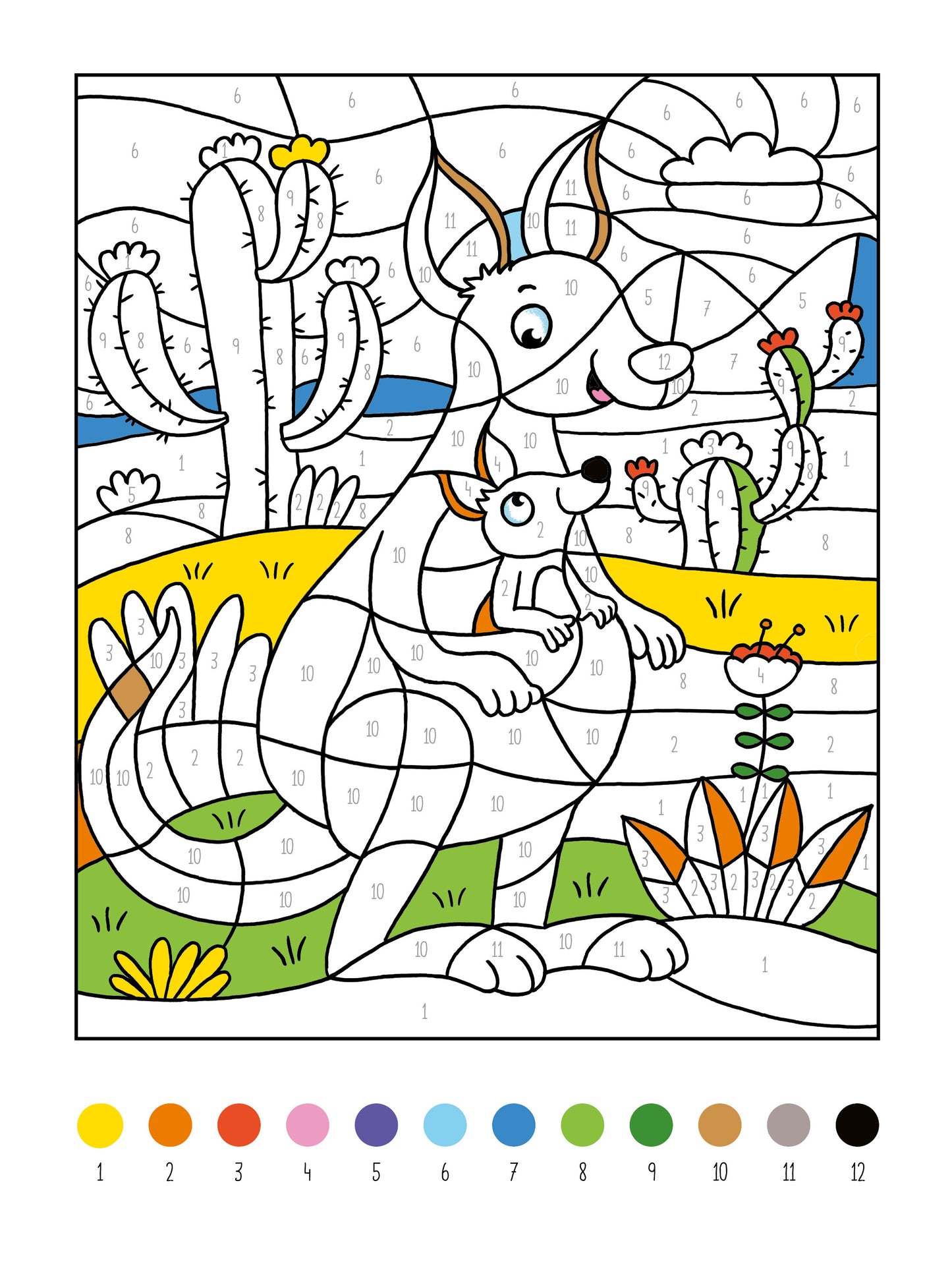 Gezeigt wird eine Innen- oder Zusatzansicht von „Mein dickes Malen-nach-Zahlen-Buch – Tiere“. Die Abbildung zeigt eine freundliche Känguru-Mutter mit ihrem Jungen in einer bunten Landschaft, umgeben von Kakteen und Blumen. Die Szene ist in lebendigen Farben gehalten, darunter Gelb, Grün, Blau und Rot, mit klaren, dicken Konturen und nummerierten Bereichen zum Ausmalen. Der Hintergrund ist hell und fröhlich gestaltet, was eine einladende Atmosphäre schafft.