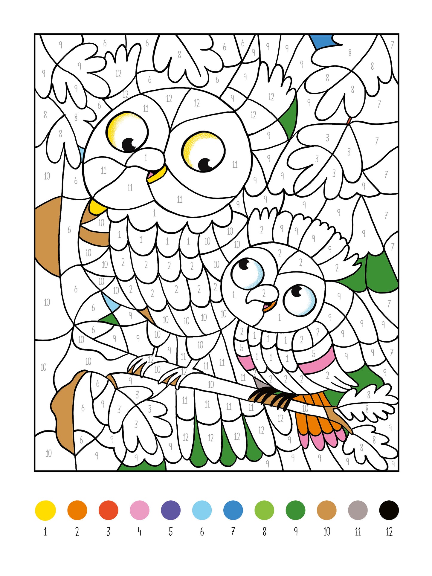 Gezeigt wird eine Innen- oder Zusatzansicht von „Mein dickes Malen-nach-Zahlen-Buch – Tiere“. Die Abbildung zeigt ein detailliertes Ausmalbild mit zwei Eulen auf einem Ast, umgeben von Blättern. Die Eulen sind in verschiedenen Grautönen und Gelb gehalten, während das Bild durch lebendige Farben wie Grün und Rosa ergänzt wird. Unterhalb befindet sich eine Farbskala mit nummerierten Farbtönen zur einfachen Identifikation der Farben, die verwendet werden können.