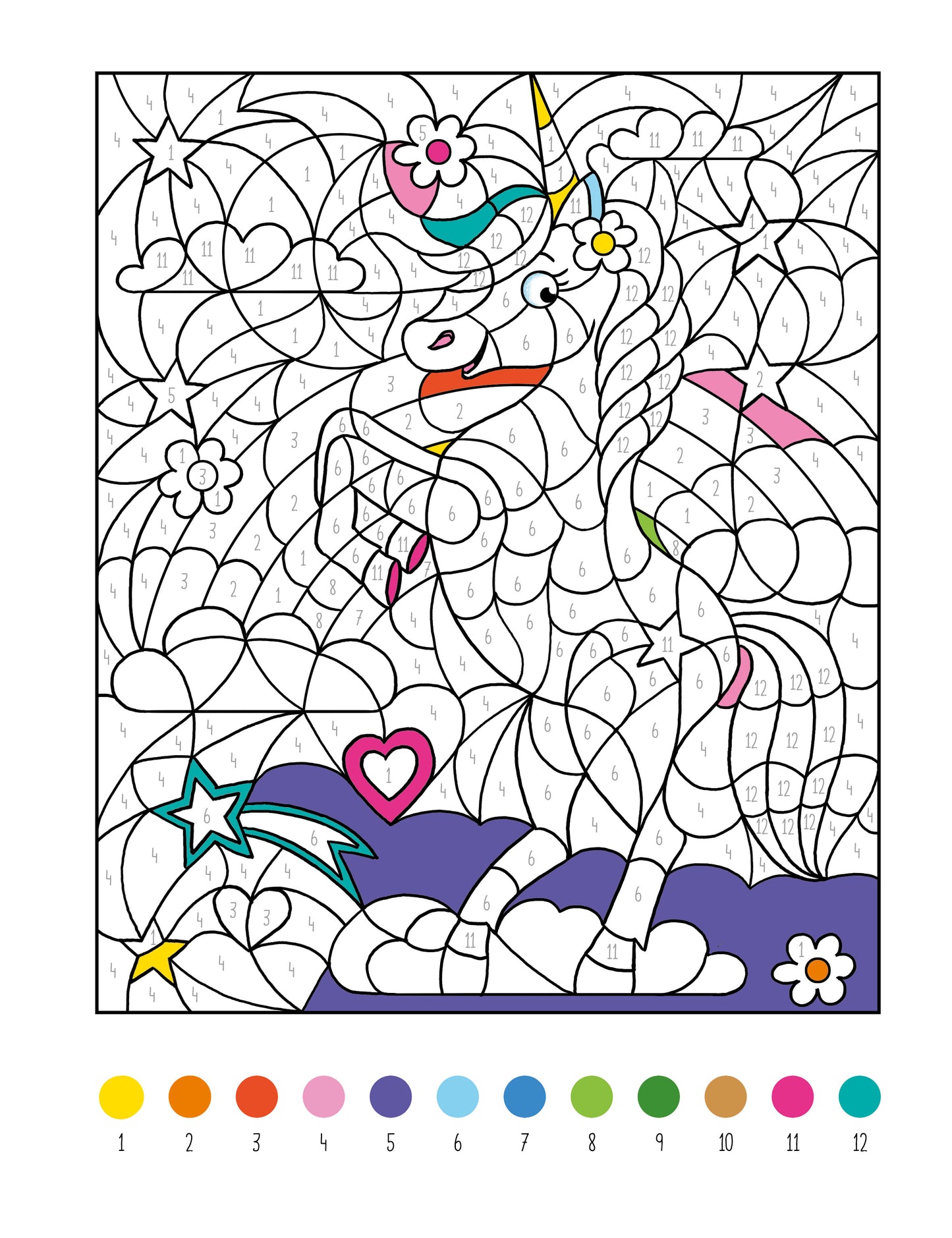 Gezeigt wird eine Innen- oder Zusatzansicht von „Mein dickes Malen-nach-Zahlen-Buch – Einhörner“. Das Bild zeigt ein einfarbig umrandetes Einhorn, umgeben von Wolken und verschiedenen fantasievollen Elementen like Sternen und Blumen. Die zentralen Farben sind Weiß für das Einhorn, Pink und Blau für die Mähne sowie ein sanftes Lila für den Hintergrund. Eine Farbtafel am unteren Rand zeigt die Nummerierung der Farben von 1 bis 12 in bunten Kästchen.