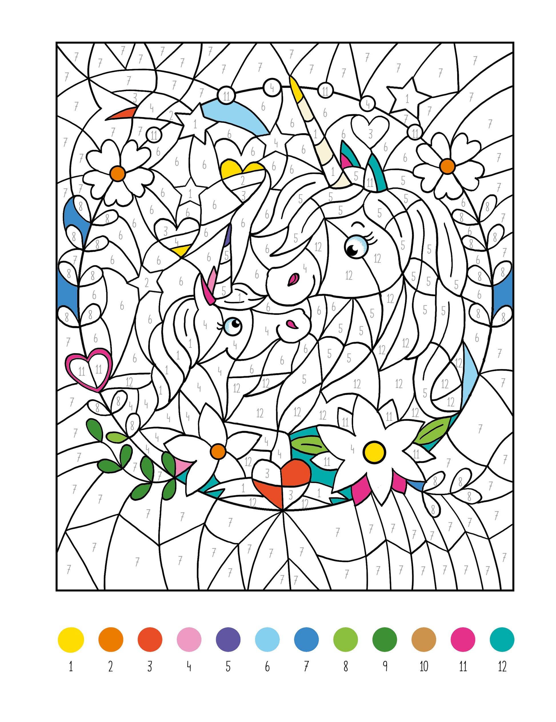 Gezeigt wird eine Innen- oder Zusatzansicht von „Mein dickes Malen-nach-Zahlen-Buch – Einhörner“. Die Abbildung zeigt zwei Einhörner umgeben von Blumen und Herzen, die in klaren Umrissen dargestellt sind. Farbcodes und Zahlen sind in bunten Kästchen am unteren Rand angeordnet. Die Hauptfarben umfassen Rosa, Blau, Grün und Gelb, die sanft harmonieren. Die Typografie ist kindgerecht und gut lesbar, unterstützt durch die fröhliche und einladende Gestaltung.