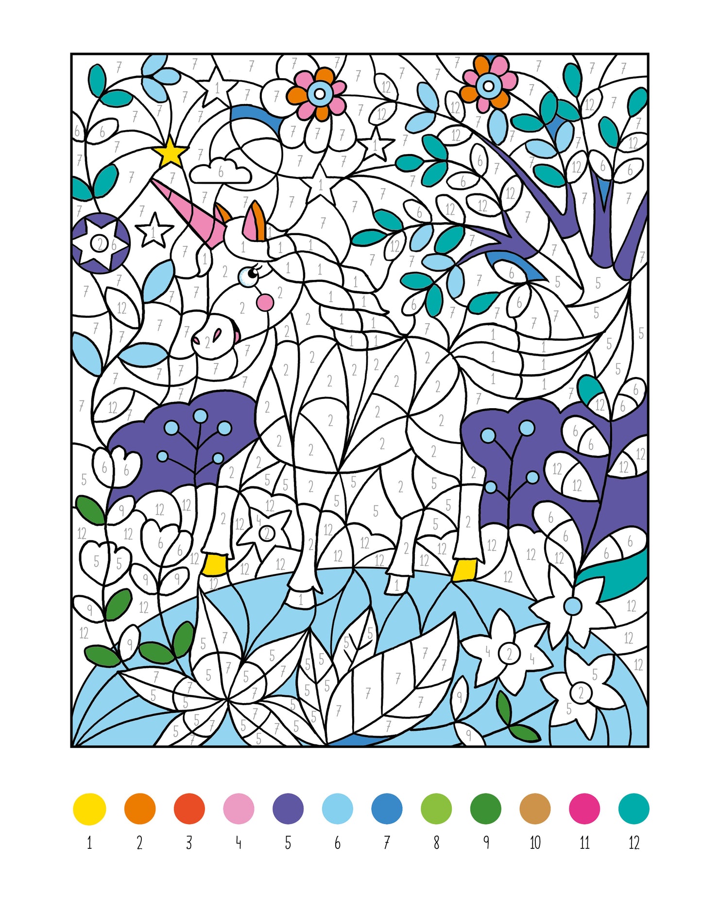 Gezeigt wird eine Innen- oder Zusatzansicht von „Mein dickes Malen-nach-Zahlen-Buch – Einhörner“. Die Abbildung zeigt ein zauberhaftes Einhorn in einer blühenden Landschaft. Das Einhorn ist in Weiß mit leuchtend orangefarbenen Hufen und einer regenbogenfarbenen Mähne. Umgeben ist es von bunten Blumen in Blau, Lila und Pink sowie grünen Blättern und einem türkisfarbenen Hintergrund. Die Bildkomposition enthält nummerierte Bereiche, die farblich ausgefüllt werden können, was das...