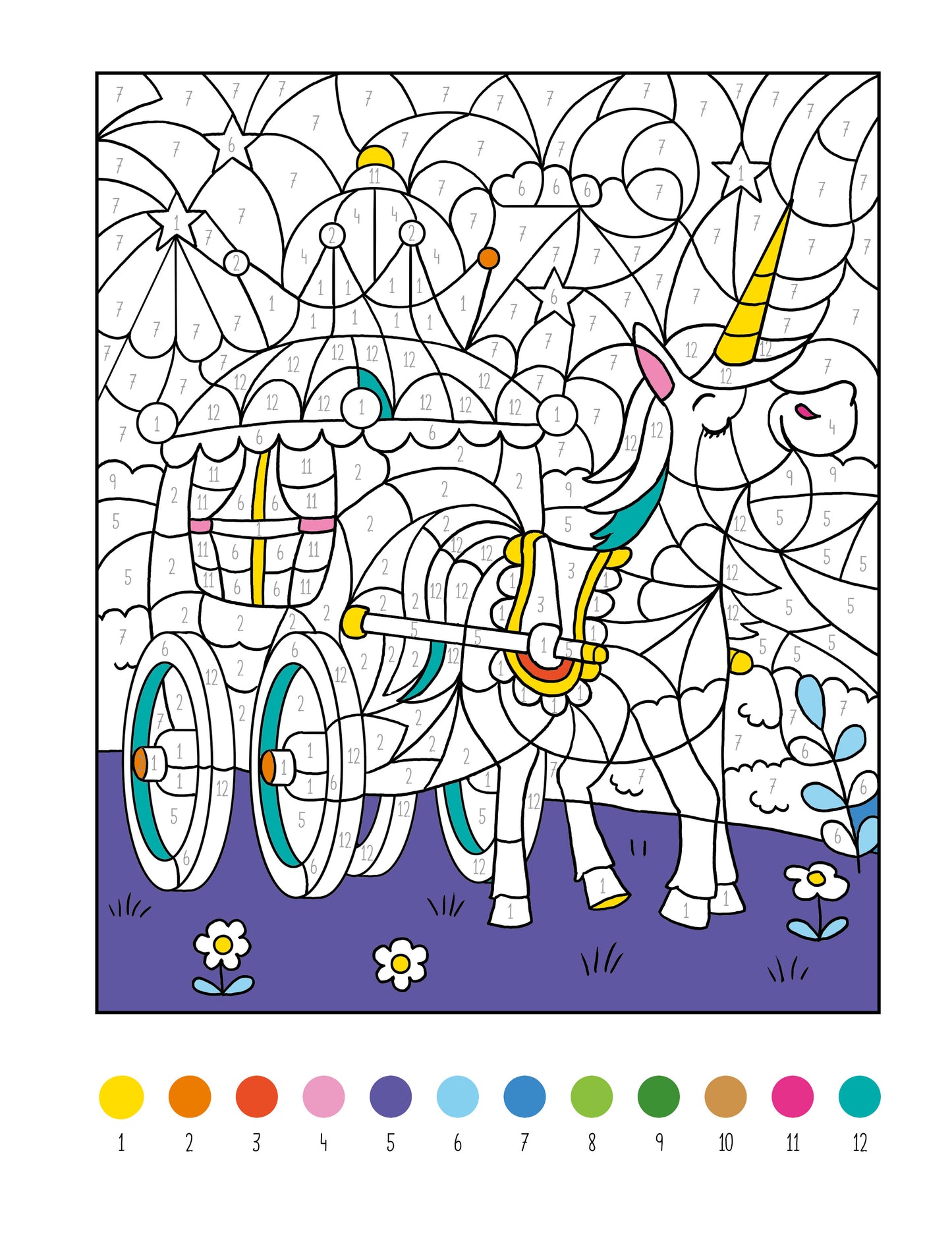 Gezeigt wird eine Innen- oder Zusatzansicht von „Mein dickes Malen-nach-Zahlen-Buch – Einhörner“. Die Abbildung zeigt ein kreatives Malen-nach-Zahlen-Motiv mit einem Einhorn, das an einem bunten Wagen gezogen wird. Die Elemente sind umgeben von Wolken und Sternen in sanften Pastellfarben. Die Zahlen zur Anleitung sind gut sichtbar, und der Hintergrund in Lila ergänzt die fröhliche Darstellung. Die Schrift ist klar und gut leserlich.