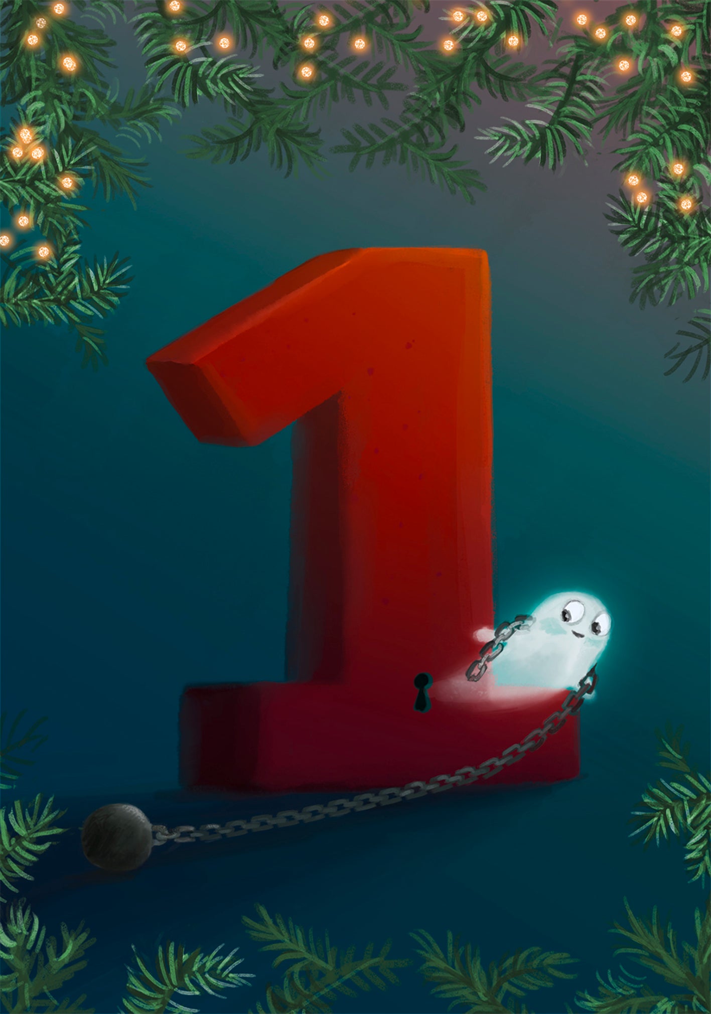 Gezeigt wird eine Innen- oder Zusatzansicht von „Das Weihnachtsgespenst“. Im Fokus steht eine große, leuchtend rote Zahl „1“, umgeben von grünen Tannenzweigen und Weihnachtslichtern. Ein kleines, schimmerndes Gespenst zieht eine Kette hinter sich her, dessen Ausdruck neugierig und verspielt wirkt. Der Hintergrund ist in sanften Blau- und Grüntönen gehalten, was eine festliche, magische Atmosphäre schafft. Die Typografie ist verspielt und gut lesbar.