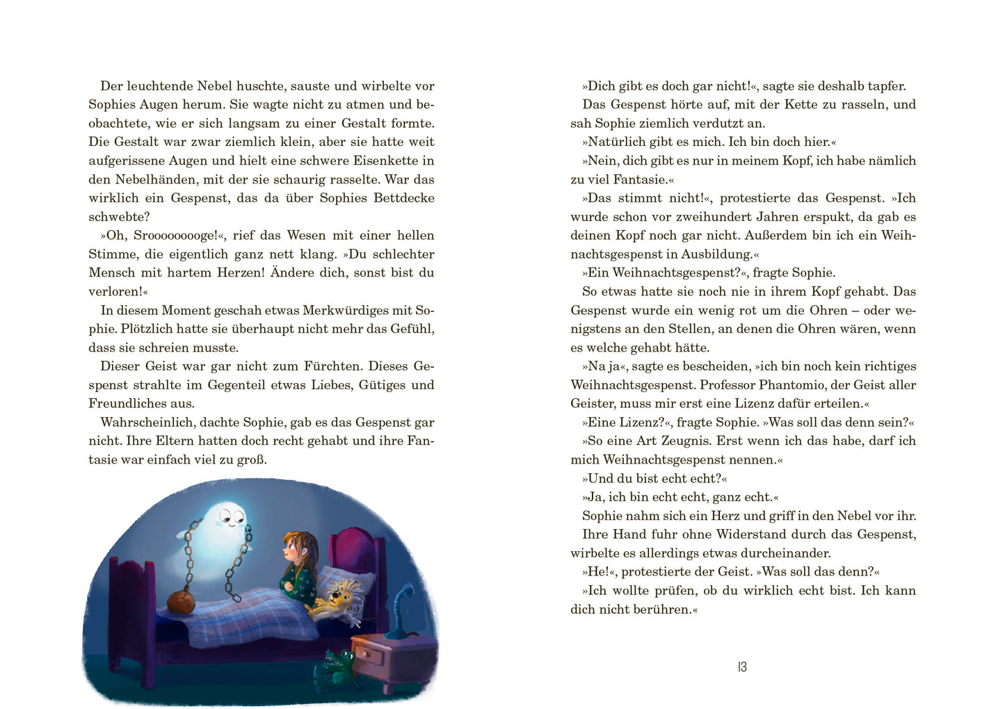 Gezeigt wird eine Innen- oder Zusatzansicht von „Das Weihnachtsgespenst“. Die Illustration unter dem Text zeigt ein gemütliches Zimmer in sanften Farben, dominiert von Blau- und Grautönen. Ein Kind sitzt im Bett, umgeben von einer weichen Bettdecke, während ein Gespenst neben ihm schwebt. Es hat eine freundliche Ausstrahlung, mit großen, runden Augen. Die Schrift ist klar und gut lesbar.