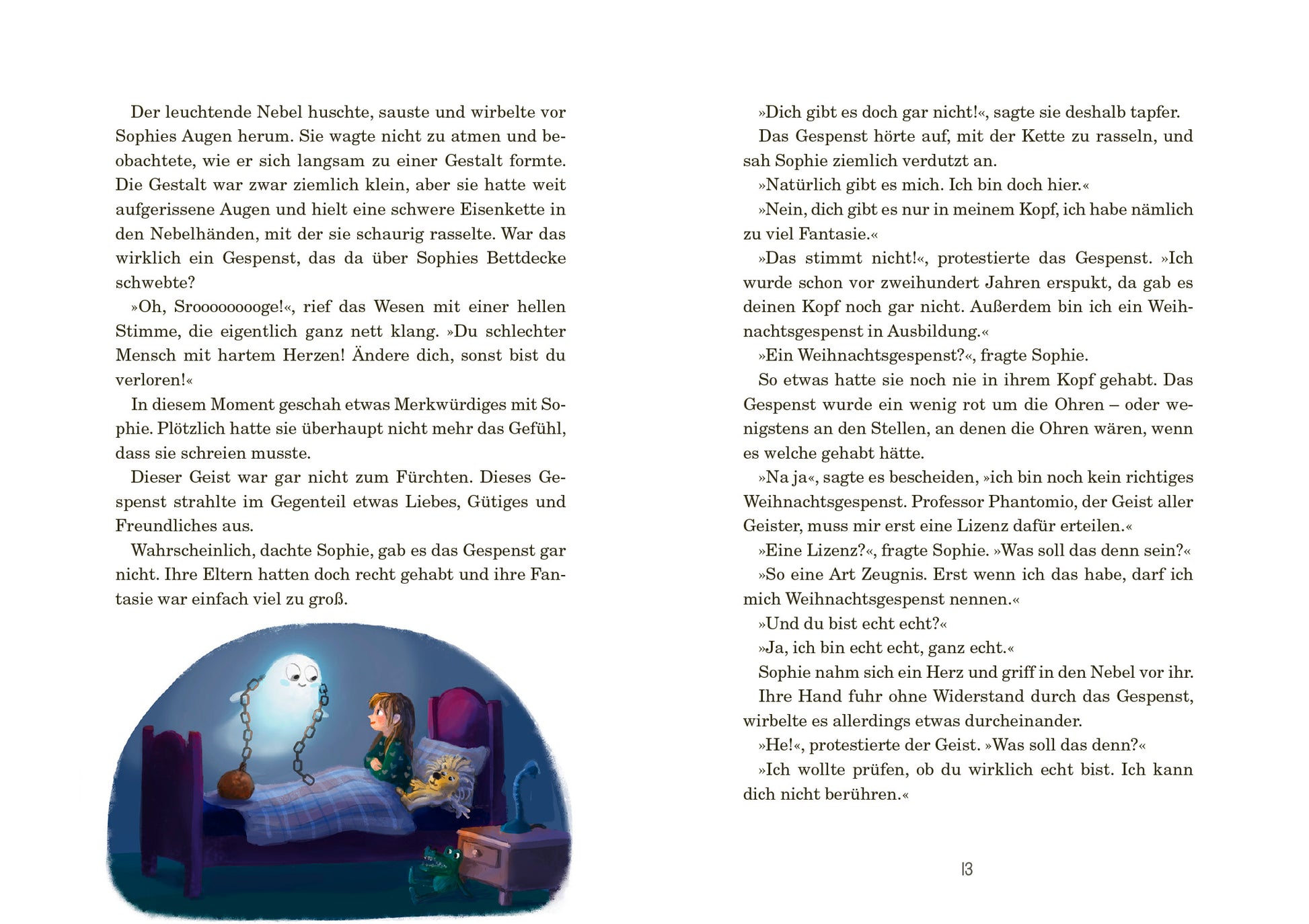 Gezeigt wird eine Innen- oder Zusatzansicht von „Das Weihnachtsgespenst“. Die Illustration unter dem Text zeigt ein gemütliches Zimmer in sanften Farben, dominiert von Blau- und Grautönen. Ein Kind sitzt im Bett, umgeben von einer weichen Bettdecke, während ein Gespenst neben ihm schwebt. Es hat eine freundliche Ausstrahlung, mit großen, runden Augen. Die Schrift ist klar und gut lesbar.