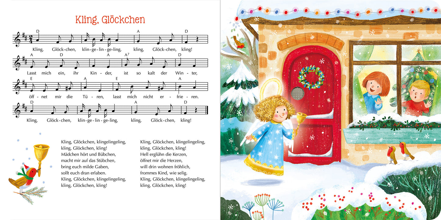 Gezeigt wird eine Innen- oder Zusatzansicht von „Musik für Klitzekleine – Alle Jahre wieder“. Auf der linken Seite ist die Notenpartitur des Liedes „Kling, Glöckchen“ abgebildet, in klarer, gut lesbarer Schrift. Die rechte Seite zeigt eine winterliche Szene: Ein rotes Haus mit einem geschmückten Türkranz, umgeben von schneebedeckten Bäumen. Zwei fröhliche Kinder mit roten und grünen Mützen stehen am Fenster und beobachten ein Mädchen in einem blauen Kleid, das an die Tür...