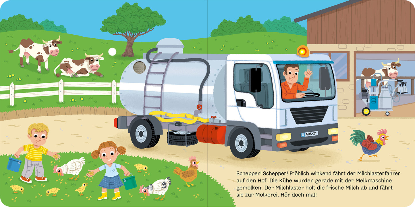 Gezeigt wird eine Innen- oder Zusatzansicht von „Mein blinkendes Soundbuch – Bauernhof“. Die Szene zeigt einen lebhaften Bauernhof mit einer Milchmaschine und einem Milchlieferwagen. Farbenfroh gestaltet, dominieren helle Grüntöne und fröhliches Gelb. Zwei Kinder interagieren mit Tieren, darunter Hühner und Kühe im Hintergrund. Der Text ist in großer, klarer Typografie gehalten, um die zentrale Handlung spielerisch zu unterstreichen.