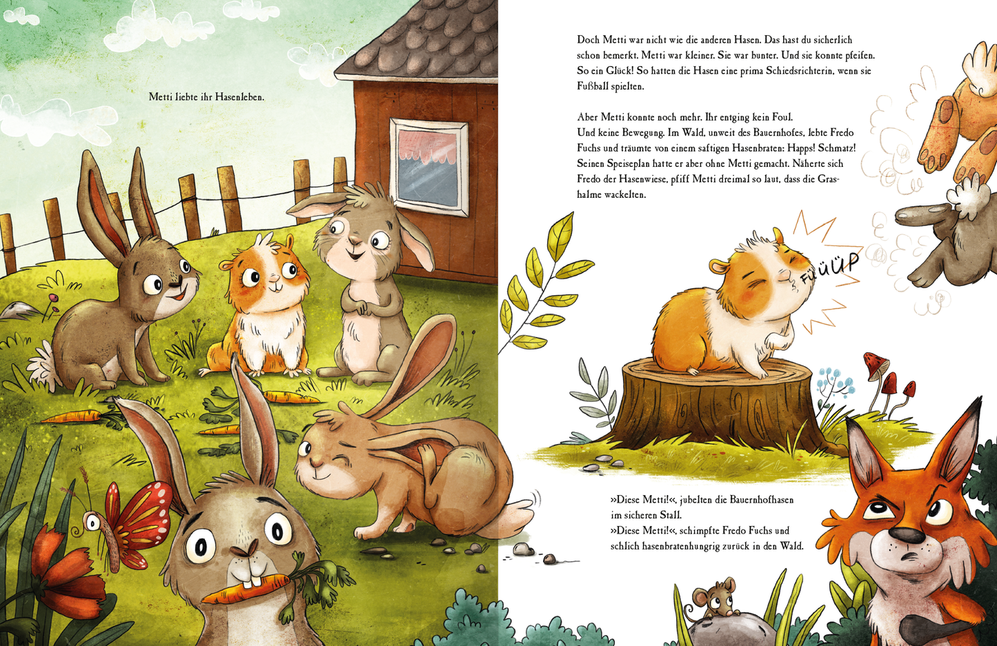 Gezeigt wird eine Innen- oder Zusatzansicht von „Metti Meerschwein“. Die Illustration zeigt zahlreiche Tiere, darunter Hasen und ein Meerschweinchen, die lebhaft um einen Baumstamm versammelt sind. Die Farben sind freundlich und pastellig, mit einem Fokus auf sanftes Grün, Braun und hellen Farbtönen für die Tiere. Die Typografie der Begleittexte ist klar und gut lesbar, eingefasst in charmante Sprechblasen, die den Dialog der Figuren hervorheben.