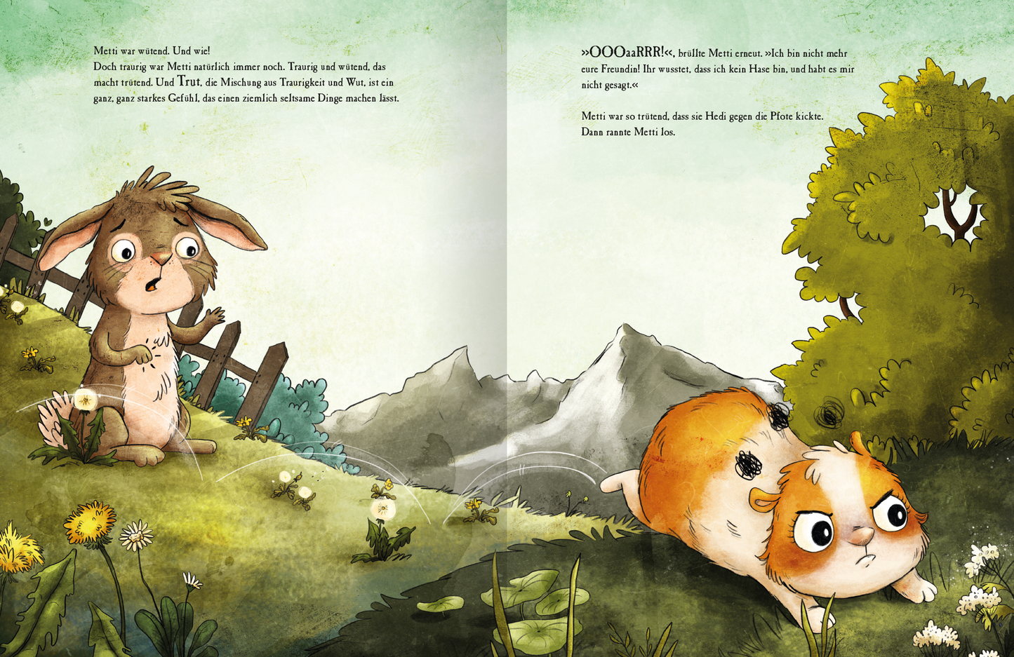 Gezeigt wird eine Innen- oder Zusatzansicht von „Metti Meerschwein“. Die Illustration zeigt eine farbenfrohe Landschaft mit sanften Hügeln und blühenden Pflanzen. Im Vordergrund stehen zwei Tiere: ein neugieriger Hase und ein freundliches Meerschweinchen. Der Hase hat große, expressive Augen, während das Meerschweinchen eine freche Miene trägt. Die Farben sind lebhaft und warm, mit einer sanften Farbpalette aus Grün, Braun und Gelb. Die Typografie ist kindgerecht und einladend...