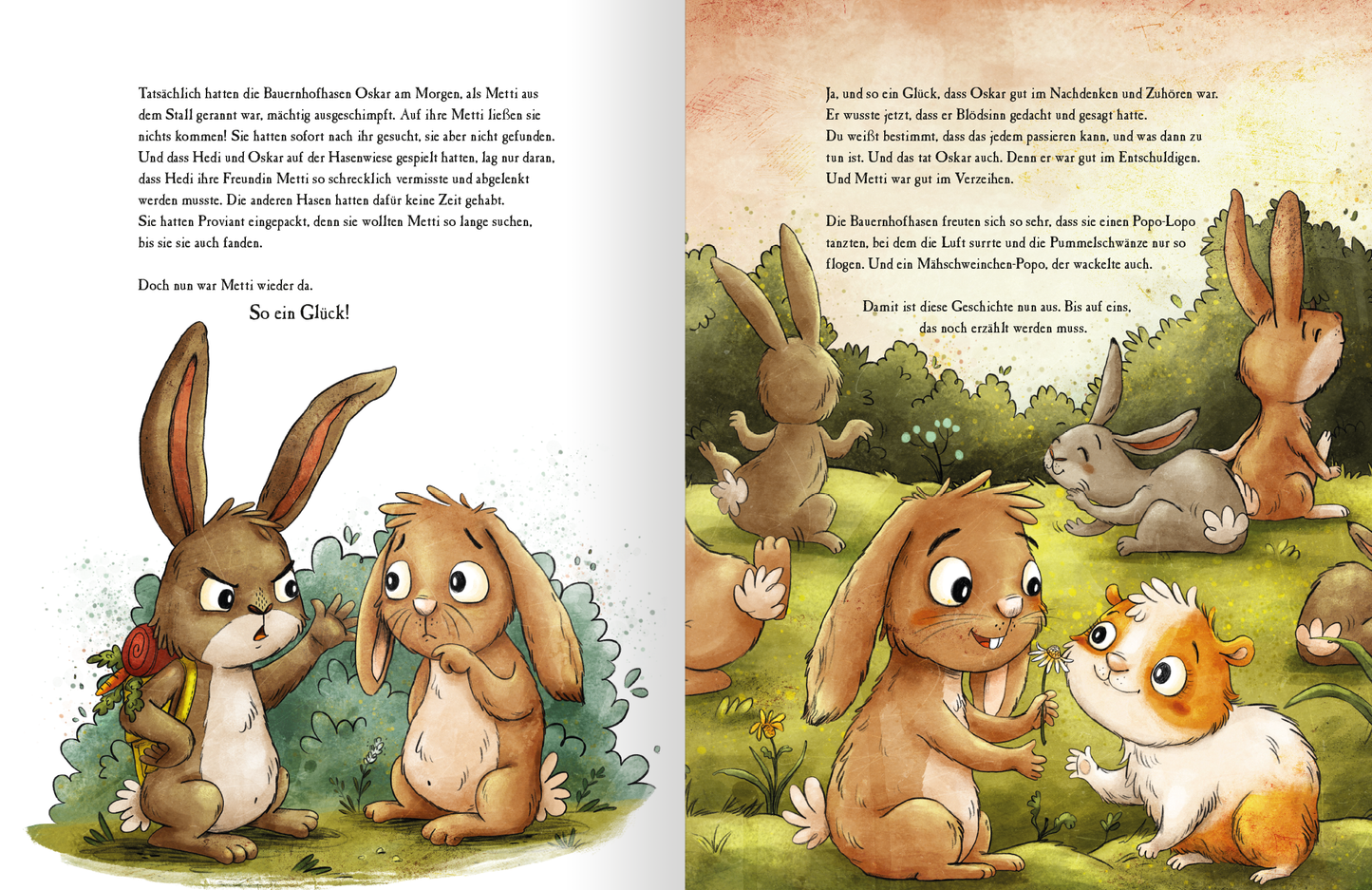 Gezeigt wird eine Innen- oder Zusatzansicht von „Metti Meerschwein“. Auf der linken Seite sind zwei niedliche Hasen mit großen, ausdrucksvollen Augen zu sehen. Der braune Hase trägt einen Rucksack und schaut nachdenklich, während der andere Hase mit langen Ohren und einer auffälligen Schnauze neugierig wirkt. Die rechte Seite zeigt eine Gruppe weiterer Hasen und ein weißes Meerschweinchen auf einer Wiese mit sanften grünen Farbtönen. Die Illustration verwendet warme, einladende...