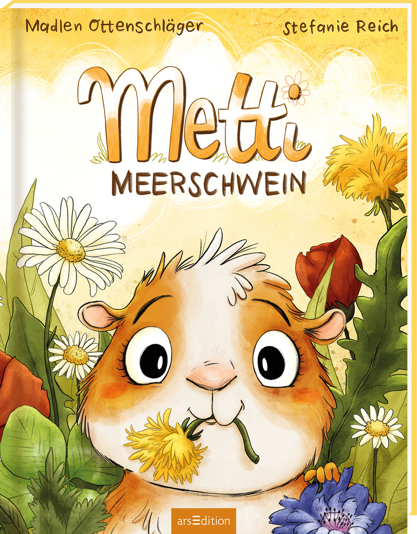 Das Buchcover zeigt einen großen, freundlichen Blick eines Meerschweinchens mit einem gelb-weißen Fell. Umgeben von bunten Blumen und grünen Blättern strahlt die Szene Fröhlichkeit und Leichtigkeit aus. Der Titel „Metti Meerschwein“ ist in einer verspielten, orangefarbenen Schriftart gestaltet, die das Cover lebendig wirken lässt. Die Autorinnen Madlen Ottenschläger und Stefanie Reich sind oben in schlichter Schrift aufgeführt. Ganz unten mittig steht der Logoschriftzug von...
