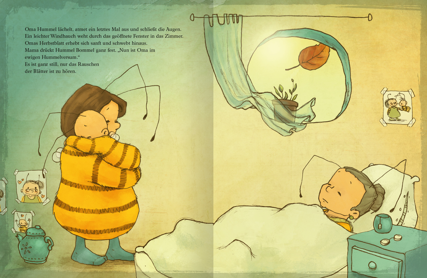 Gezeigt wird eine Innenansicht von „Die kleine Hummel Bommel nimmt Abschied“. In einem sanften, warmen Farbschema aus Gelb, Blau und Grün sind zwei Figuren sichtbar: Ein Kind in einem gestreiften, gelben Pullover steht neben einem Bett, in dem ein schlafendes Kind liegt. An den Wänden sind einfache Zeichnungen und ein Fenster mit einer sanften Vorhang, der die Lichtverhältnisse im Raum beeinflusst. Die Typografie ist verspielt und klar, passend zur emotionale Stimmung des Abschieds.