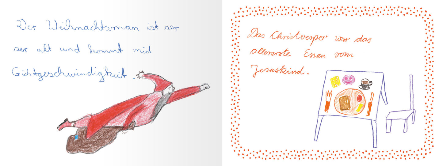 Gezeigt wird eine Innen- oder Zusatzansicht von „Das Kind vom Lama heißt Lametta“. Auf der linken Seite schwebt ein bunter Weihnachtsmann in einem roten Umhang, umgeben von blauer Schrift, die eine kindliche Handschrift aufweist. Die rechte Seite zeigt einen Tisch mit verschiedenen Essen, wie einem Teller, einer Tasse und einer Gabel, in einem orangefarbenen Rahmen. Die darauf befindliche, freundliche Schriftart verstärkt den spielerischen Charakter der Seite.