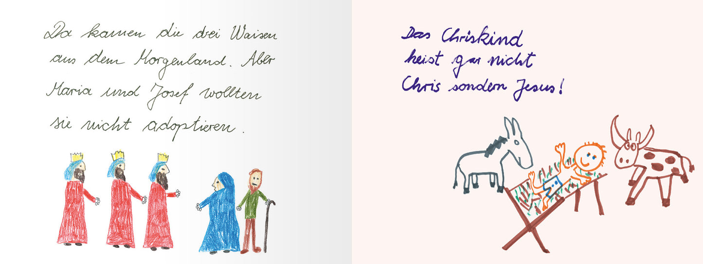 Gezeigt wird eine Innen- oder Zusatzansicht von „Das Kind vom Lama heißt Lametta“. Die Seite zeigt links eine einfache Zeichnung von drei mit Kronen bekleideten Figuren in bunten Gewändern, umgeben von einer skizzenhaften Darstellung von Menschen. Rechts befindet sich ein sanfter, pastellfarbener Hintergrund mit einer kindlich gestalteten Illustration eines Jesuskindes in einer Krippe, umgeben von einem Esel und einer Kuh. Der Text links ist in einer handschriftlichen, gut lesbaren...