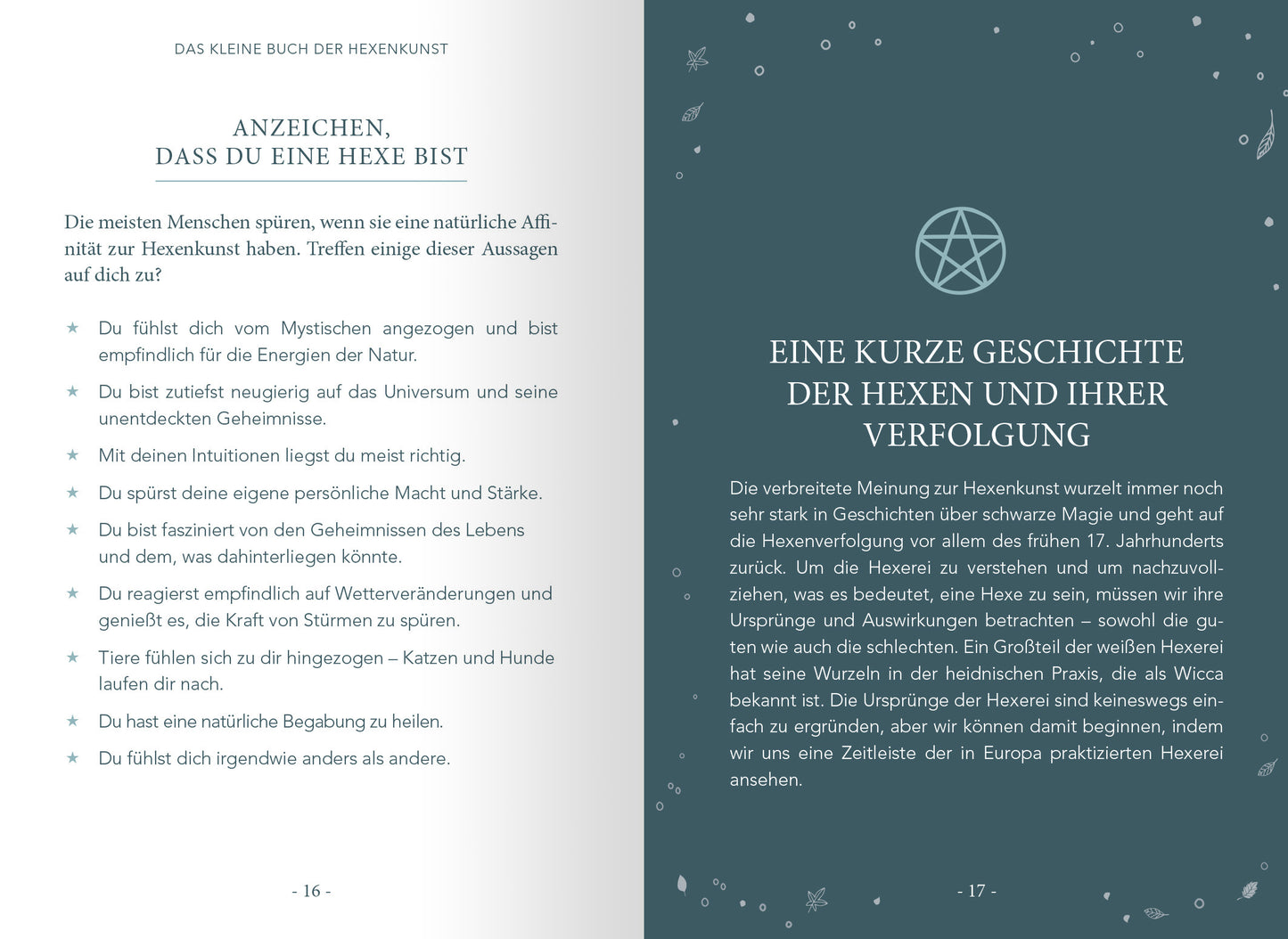 Gezeigt wird eine Innenansicht von „Das kleine Buch der Hexenkunst“. Die Seiten sind in sanften, graublauen Tönen gehalten und zeigen eine klare, gut lesbare Serifen-Schrift. Auf der linken Seite wird eine Liste von Anzeichen präsentiert, die darauf hindeuten, dass man eine Hexe ist, während die rechte Seite eine Einführung in die Geschichte der Hexenverfolgung bietet. Abgerundete Kästen heben die Texte hervor, und zarte, handgezeichnete Illustrationen untermalen das mystische Thema.