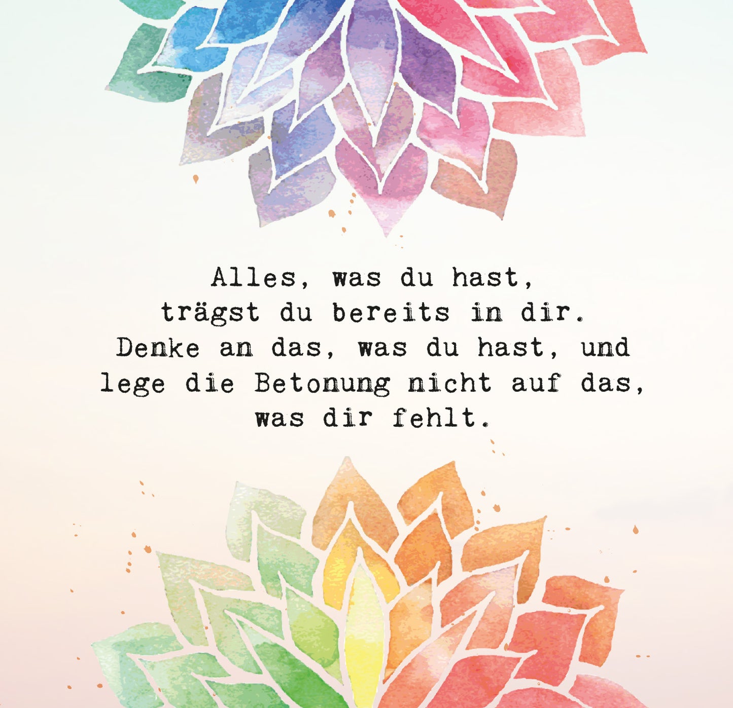 Gezeigt wird eine Innen- oder Zusatzansicht von „Jeder Moment ist ein Geschenk“. Die Gestaltung zeigt zwei große, bunt akzentuierte Blütenmuster in sanften Aquarellfarben, die in pastelligen Tönen gehalten sind. Zwischen den Blüten befindet sich eine inspirierende Botschaft in klarer, moderner Schrift. Der Text ist schwarz und bietet einen starken Kontrast zu dem hellen, farbenfrohen Hintergrund, der eine positive und einladende Atmosphäre schafft.