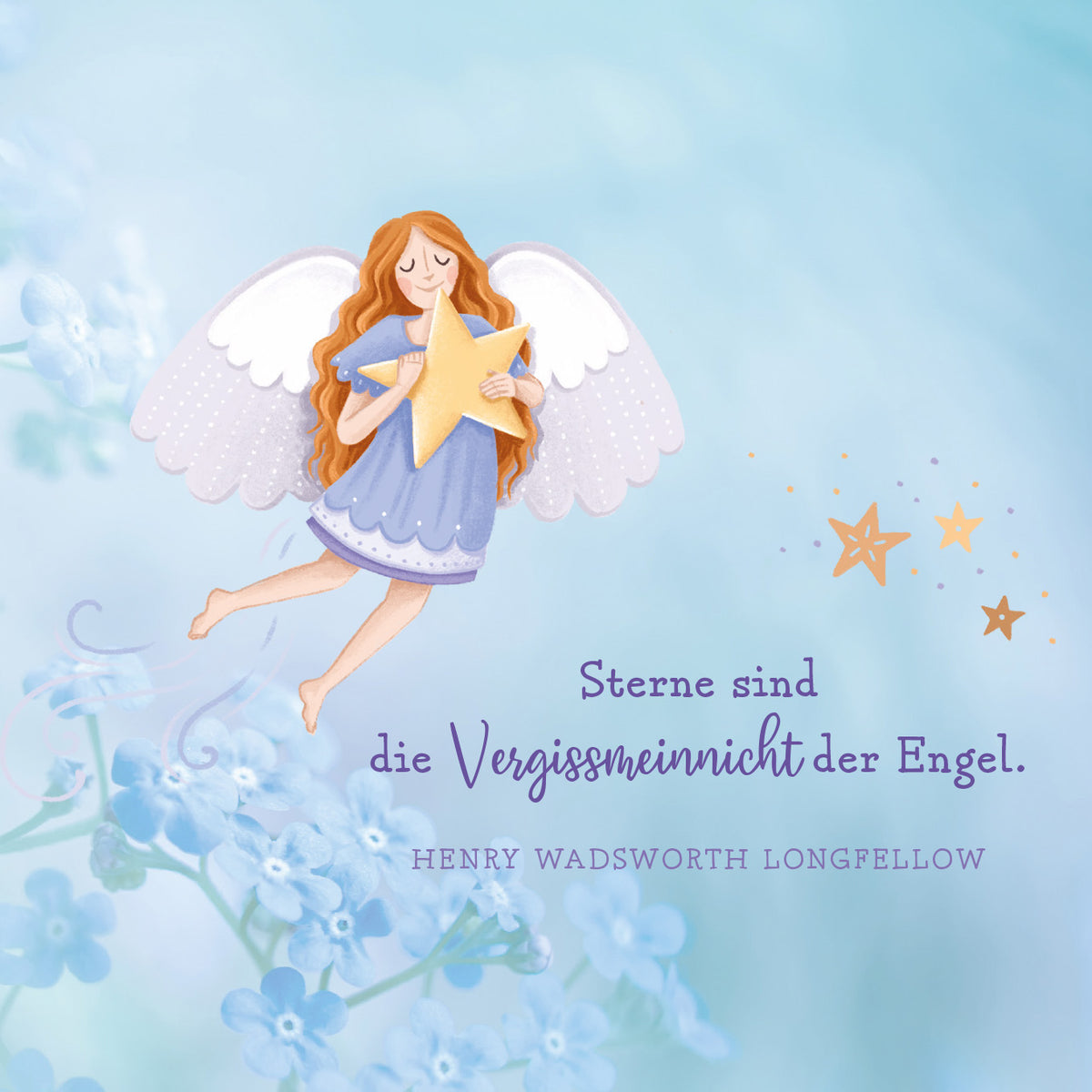 Gezeigt wird eine Innen- oder Zusatzansicht von „Ein Schutzengel für dich“. Die Illustration zeigt einen fliegenden Engel mit langen, welligen, kastanienbraunen Haaren und weißem Gewand. Der Engel hält einen großen, gelben Stern in den Händen. Der Hintergrund ist in sanften Blau- und Grüntönen gehalten, und es sind verschiedene kleine, orangefarbene Sterne sowie hellblaue Blumen (vermutlich Vergissmeinnicht) zu sehen. Die Schrift ist freundlich und verspielt, in lila und sticht mit...
