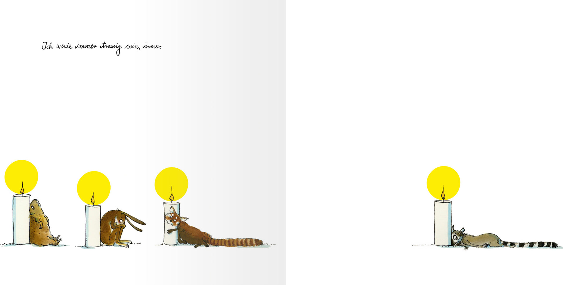 Gezeigt wird eine Innen- oder Zusatzansicht von „Was bleibt, ist Licht“. Auf der linken Seite sind drei Tiere in sanften Brauntönen, die an einer weißen Kerze mit gelbem Licht sitzen. Über ihnen schwebt die handschriftliche Botschaft „Ich werde immer denken daran“. Die rechte Seite zeigt ein einzelnes Tier in gedämpften Farben, das entspannt an einer weiteren Kerze liegt. Der Hintergrund ist minimalistisch und in sanften Grautönen gehalten, was die zentralen Elemente hervorhebt.