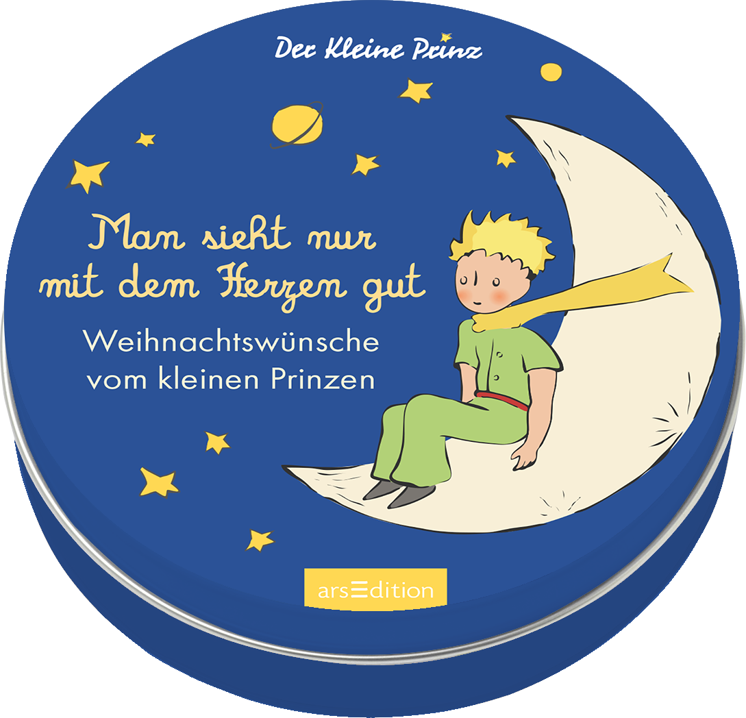 Auf dem Buchcover „Der kleine Prinz“ ist ein blauer Hintergrund zu sehen, auf dem der kleine Prinz, mit einem gelben Schal, sitzend auf einem großen, weißen Mond abgebildet ist. Um ihn herum funkeln gelbe Sterne und ein kleiner Planet. Der Titel „Man sieht nur mit dem Herzen gut“ ist in einer verspielten, hellen Schrift in der oberen Hälfte platziert, während darunter „Weihnachtswünsche vom kleinen Prinzen“ in klarer, blauer Schrift steht. Ganz unten mittig steht der...