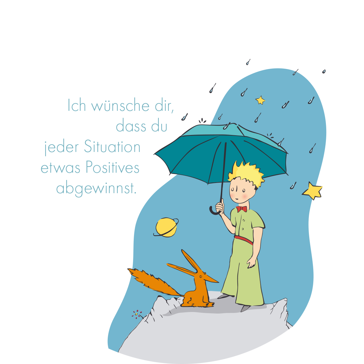 Gezeigt wird eine Innen- oder Zusatzansicht von „Man sieht nur mit dem Herzen gut“. Die illustration zeigt einen kleinen Jungen mit blonden, lockigen Haaren, der einen grünen Anzug trägt und einen roten Fliege. Er hält einen großen, türkisfarbenen Regenschirm über einen orangefarbenen Fuchs, der neben ihm sitzt. Der Hintergrund ist in sanften Blau- und Grautönen gehalten, während der Text in einer verspielten, hellblauen Typografie die positive Botschaft vermittelt. Sterne und...