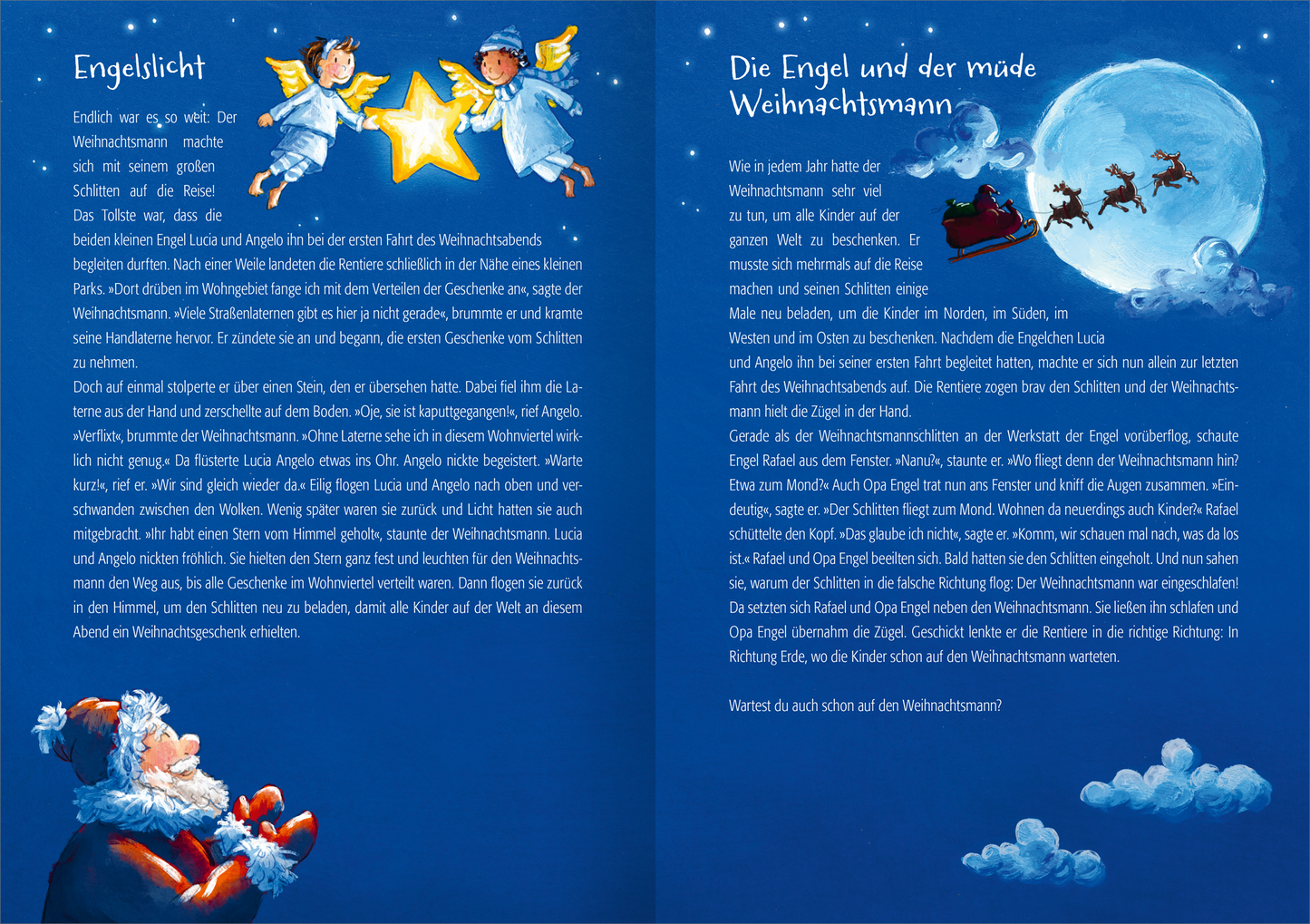 Gezeigt wird eine Innen- oder Zusatzansicht von „222 Winter- und Weihnachtsgeschichten“. Die Doppelseite ist in sanften Blau- und Gelbtönen gehalten. Links sind zwei Engel mit goldenen Flügeln, die einen leuchtenden Stern halten, dargestellt. Rechts ist eine Szene mit dem Weihnachtsmann in einem roten Schlitten, der von Rentieren gezogen wird, vor einem großen, vollen Mond. Die Schrift ist klar und gut lesbar, mit herzlichen, verspielten Illustrationen, die eine festliche Stimmung...