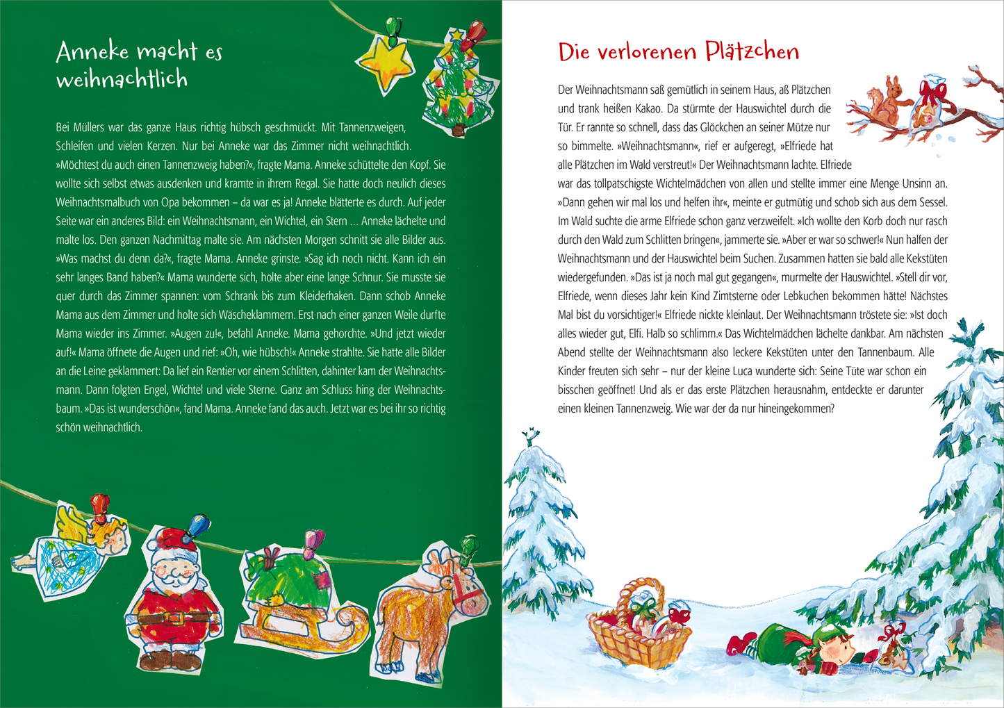 Gezeigt wird eine Innen- oder Zusatzansicht von „222 Winter- und Weihnachtsgeschichten“. Auf der linken Seite ist ein grüner Hintergrund mit handgezeichneten, bunten Weihnachtsmotiven wie Sternen, einem Weihnachtsmann und Geschenken. Rechts ist ein hellerer, roter Hintergrund mit der Überschrift „Die verlorenen Plätzchen“ in kräftiger, verspielter Typografie. Darunter steht der Text in klarer, gut lesbarer Schrift. Illustrationen von verschneiten Tannenbäumen und einem...